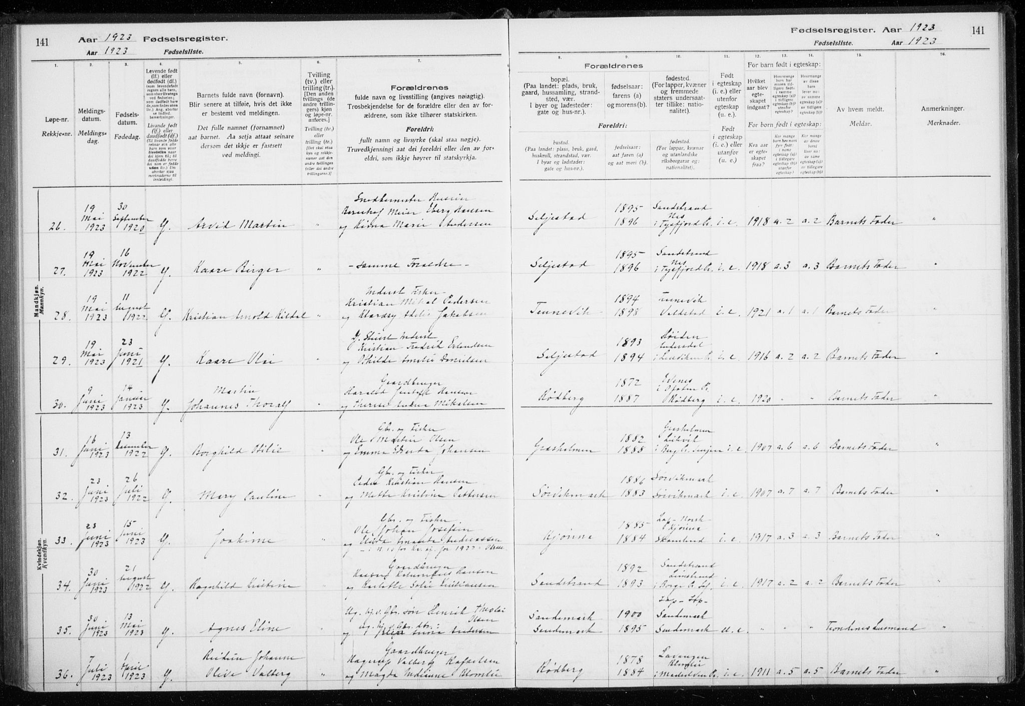 Trondenes sokneprestkontor, AV/SATØ-S-1319/I/Ia/L0089: Fødselsregister nr. 89, 1916-1925, s. 141