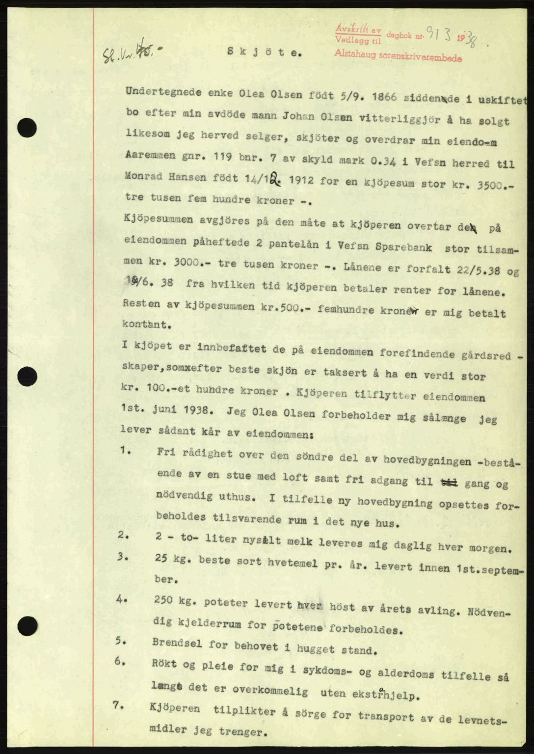 Alstahaug sorenskriveri, SAT/A-1009: Pantebok nr. A3, 1937-1938, Dagboknr: 913/1938