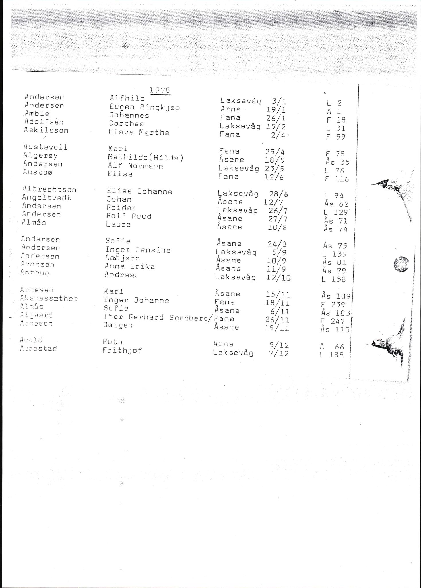 Byfogd og Byskriver i Bergen, SAB/A-3401/06/06Nb/L0018: Register til dødsfalljournaler, 1978, s. 39