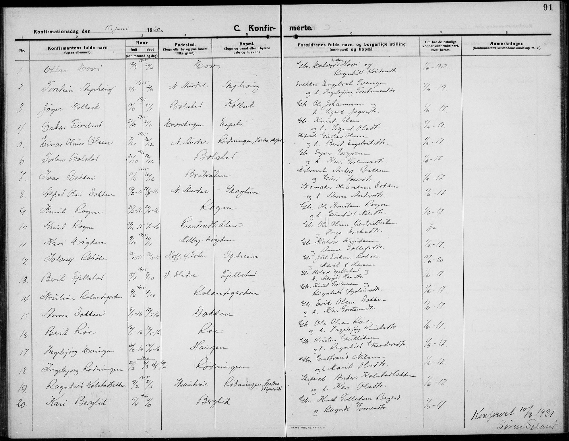 Øystre Slidre prestekontor, AV/SAH-PREST-138/H/Ha/Hab/L0008: Klokkerbok nr. 8, 1911-1938, s. 91