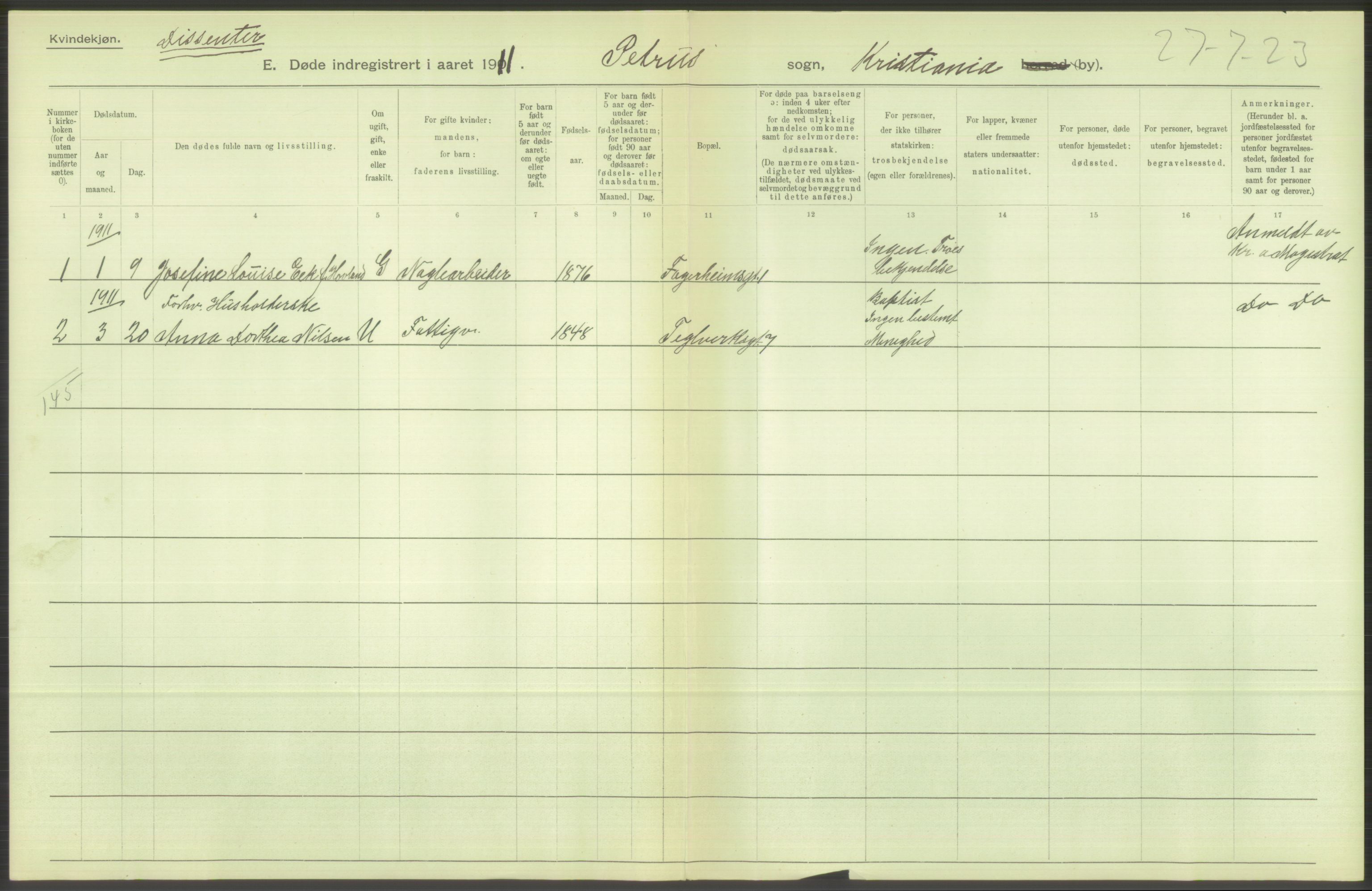 Statistisk sentralbyrå, Sosiodemografiske emner, Befolkning, RA/S-2228/D/Df/Dfb/Dfba/L0010: Kristiania: Døde kvinner samt dødfødte., 1911, s. 388