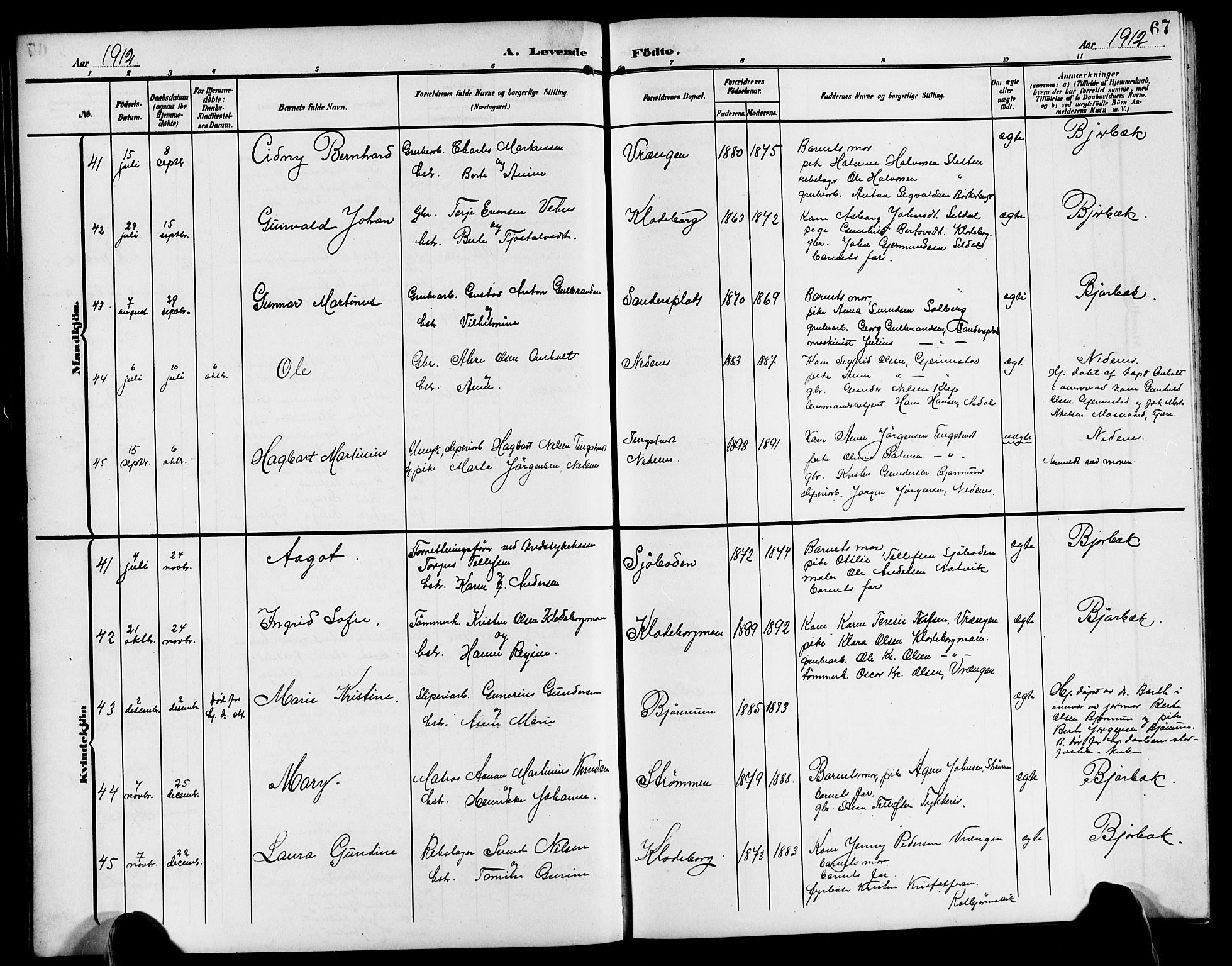 Øyestad sokneprestkontor, AV/SAK-1111-0049/F/Fb/L0011: Klokkerbok nr. B 11, 1906-1918, s. 67