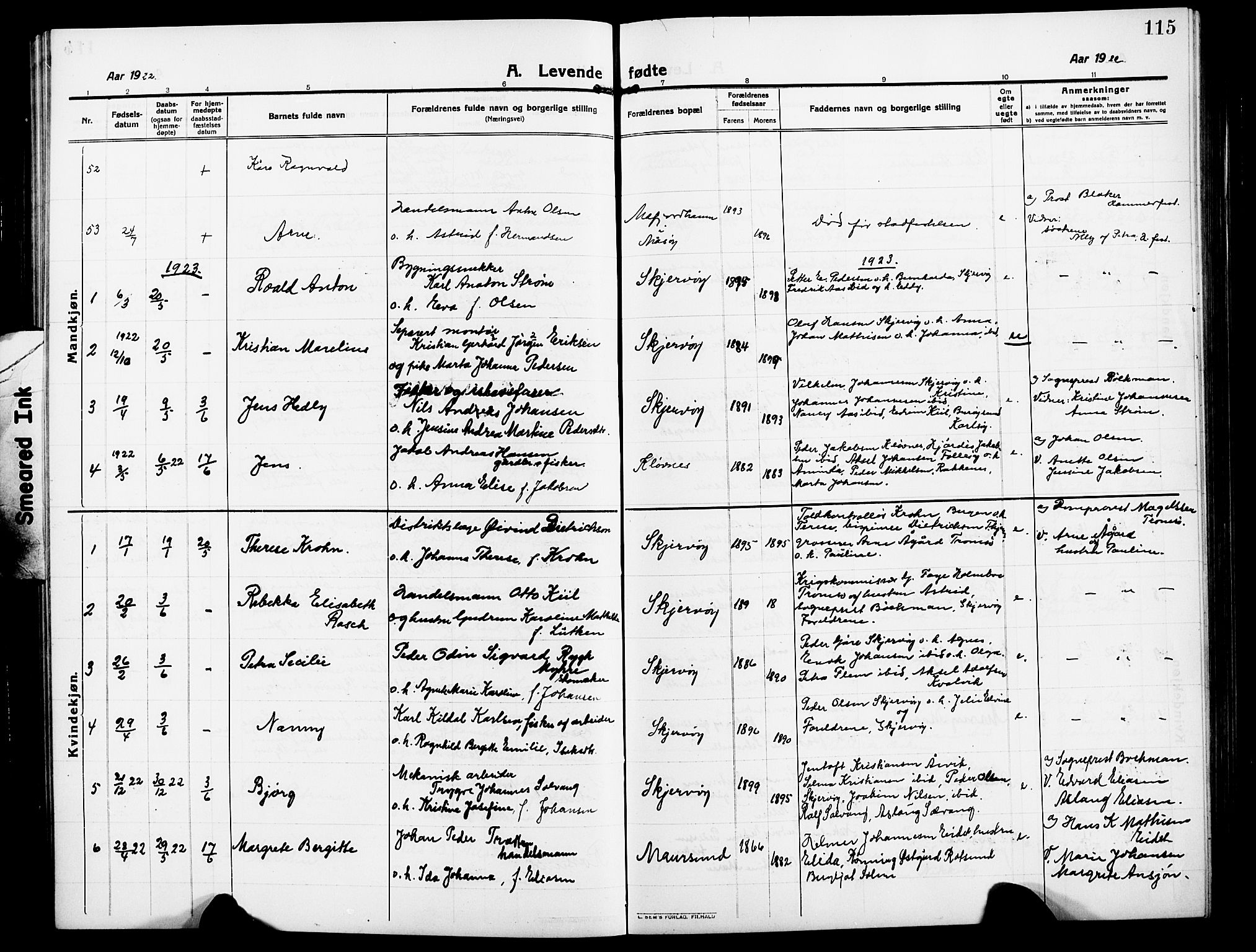 Skjervøy sokneprestkontor, AV/SATØ-S-1300/H/Ha/Hab/L0009klokker: Klokkerbok nr. 9, 1911-1926, s. 115