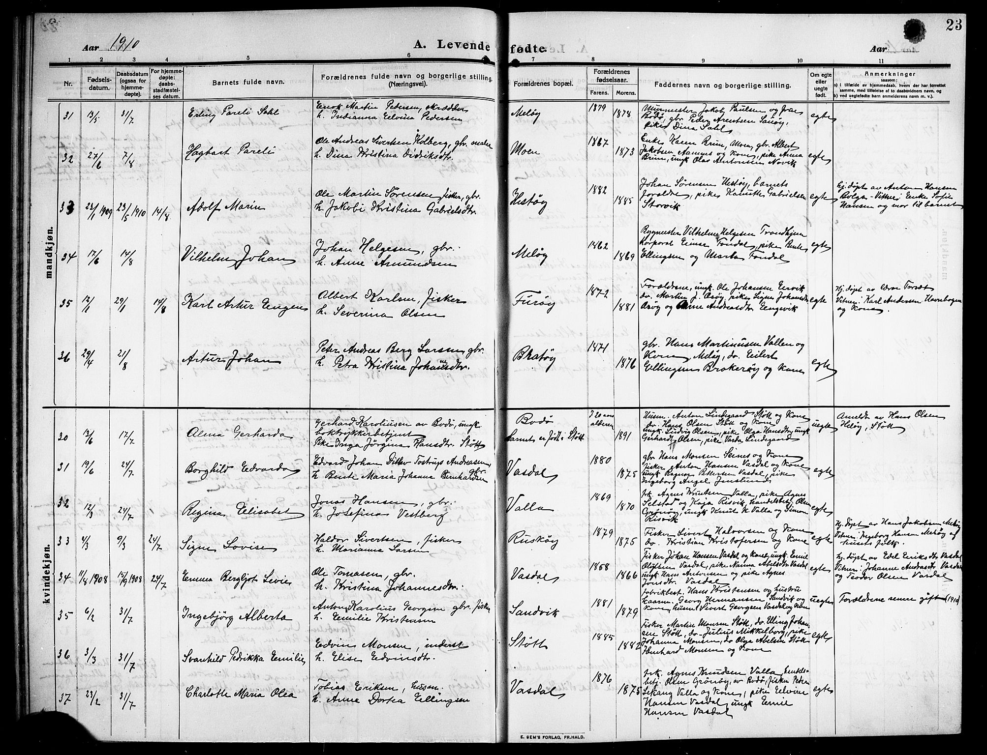 Ministerialprotokoller, klokkerbøker og fødselsregistre - Nordland, AV/SAT-A-1459/843/L0639: Klokkerbok nr. 843C08, 1908-1924, s. 23