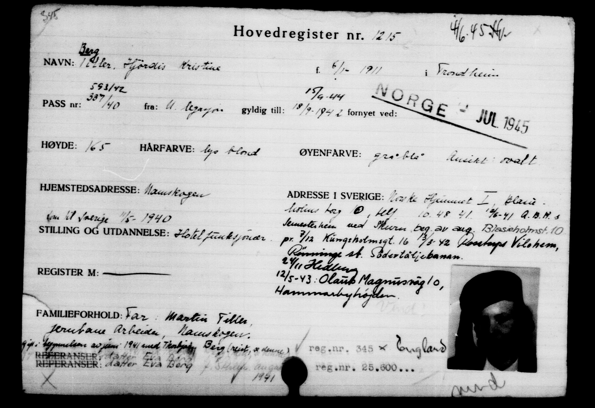 Utenriksstasjonene, Legasjonen i Stockholm, Flyktningkontoret, AV/RA-S-6753/V/Va/L0002: Kjesäterkartoteket, flyktninger med registreringsnr. 1001-2000, 1940-1945, s. 324