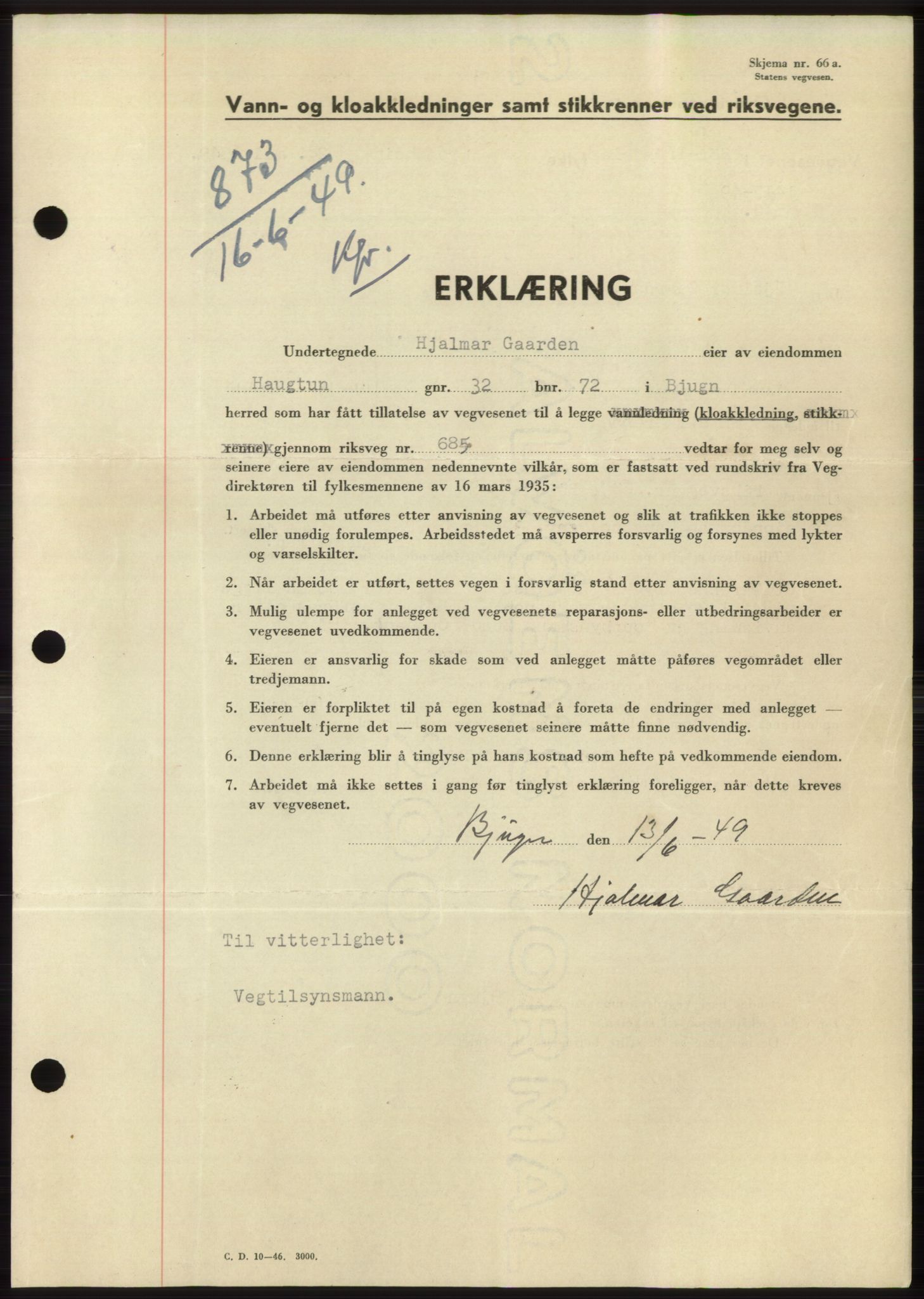 Fosen sorenskriveri, AV/SAT-A-1107/1/2/2C: Pantebok nr. B3, 1948-1950, Dagboknr: 873/1949