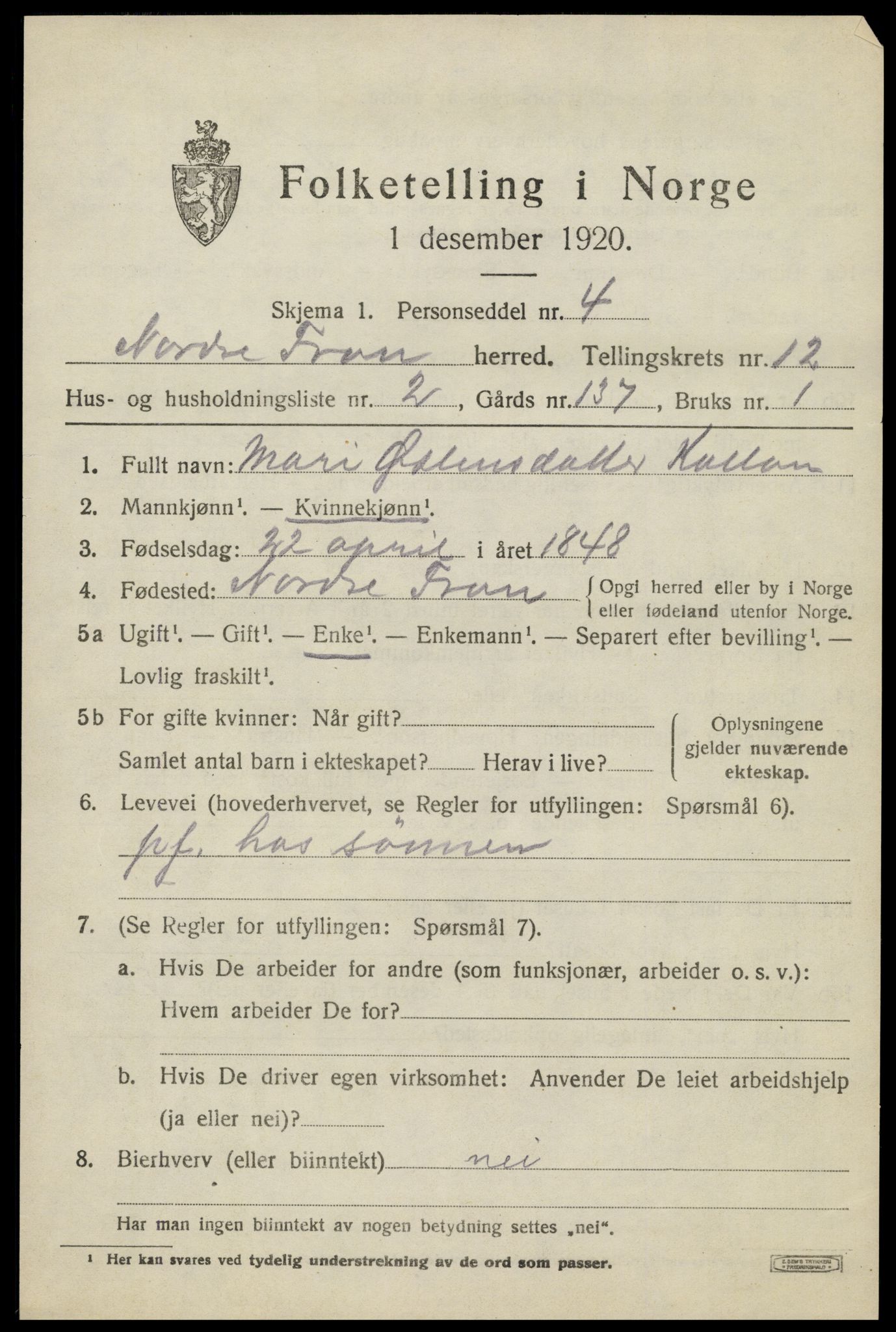 SAH, Folketelling 1920 for 0518 Nord-Fron herred, 1920, s. 9868