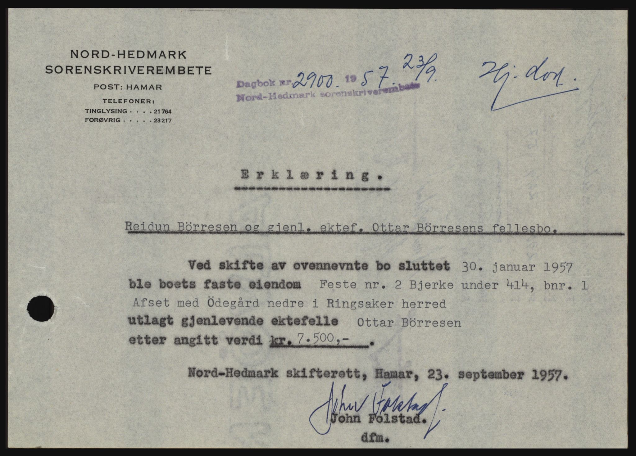 Nord-Hedmark sorenskriveri, SAH/TING-012/H/Hc/L0011: Pantebok nr. 11, 1956-1957, Dagboknr: 2900/1957