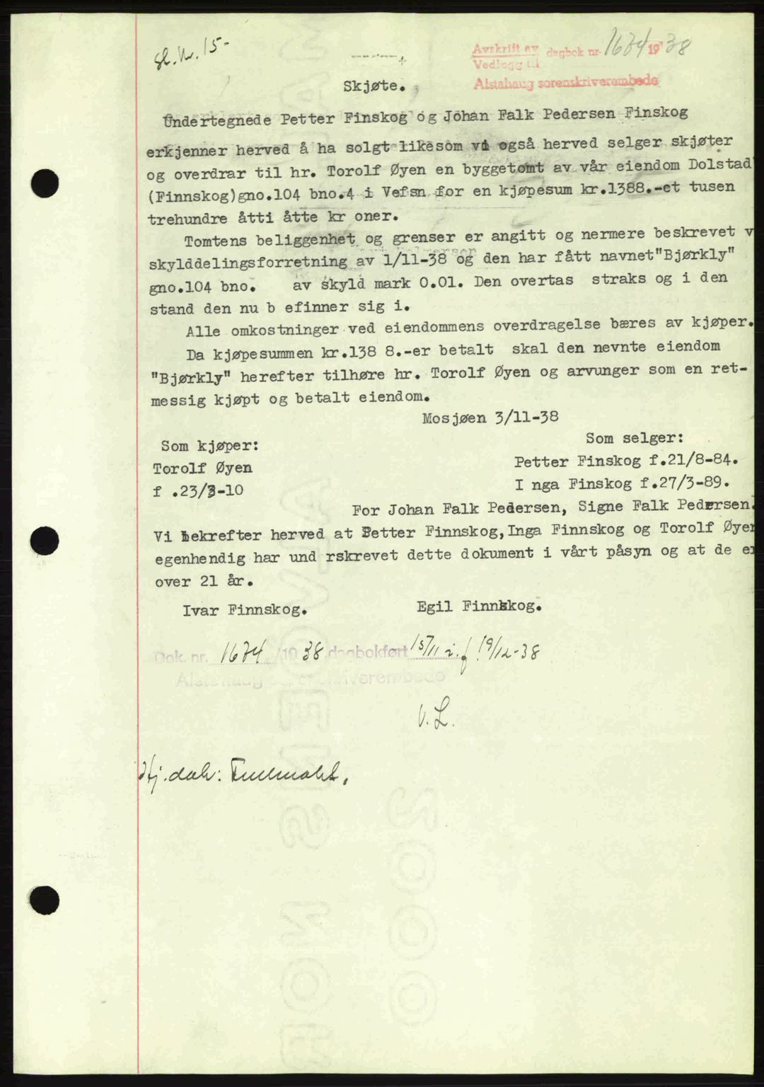 Alstahaug sorenskriveri, SAT/A-1009: Pantebok nr. A3, 1937-1938, Dagboknr: 1674/1938