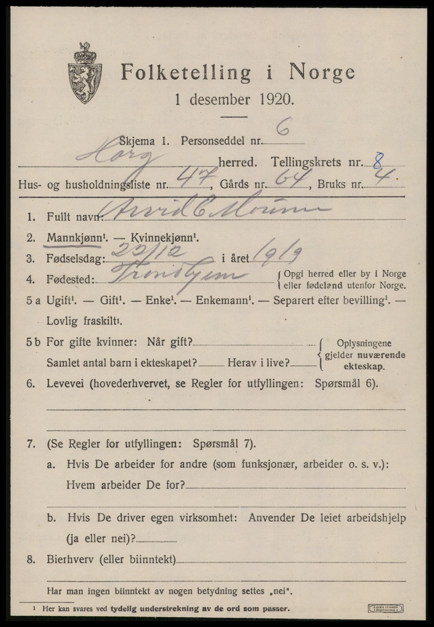 SAT, Folketelling 1920 for 1650 Horg herred, 1920, s. 5348