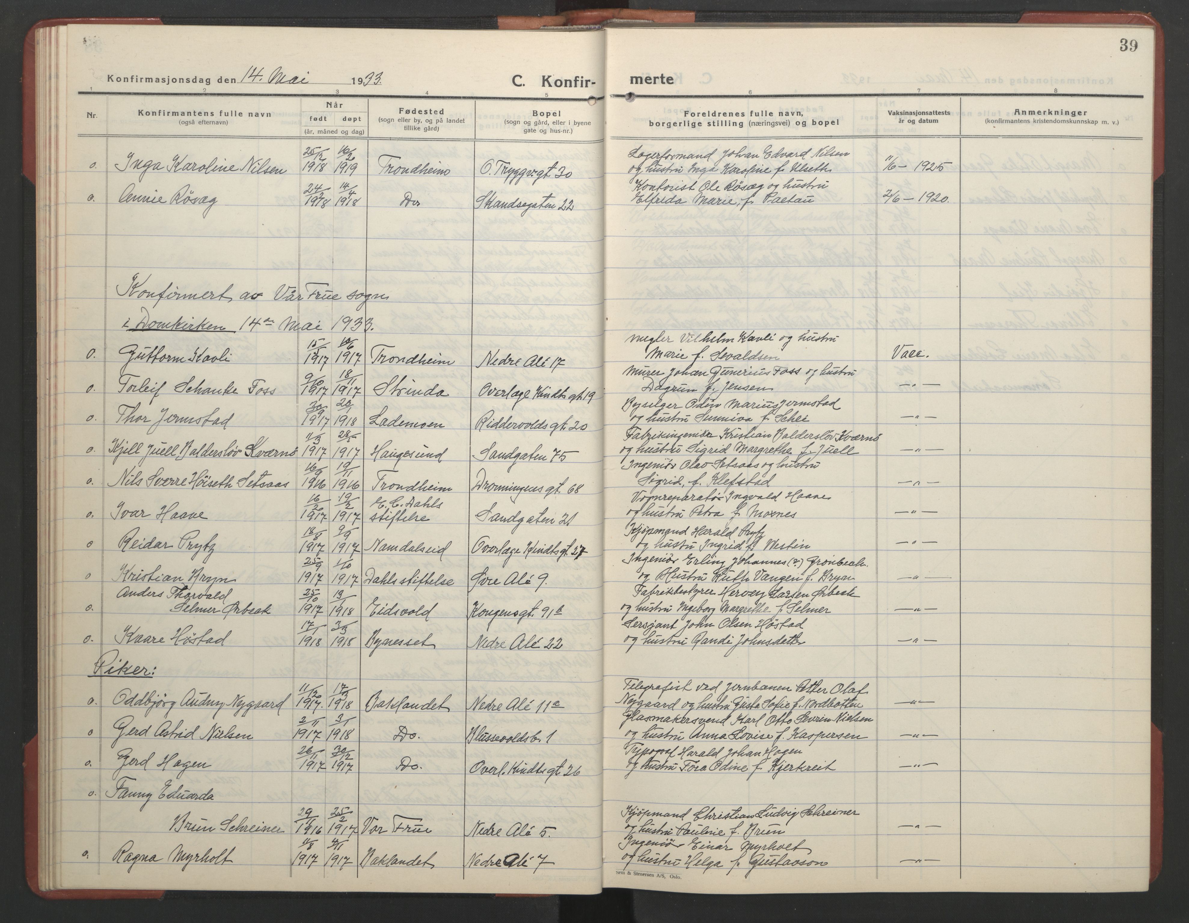 Ministerialprotokoller, klokkerbøker og fødselsregistre - Sør-Trøndelag, AV/SAT-A-1456/602/L0151: Klokkerbok nr. 602C19, 1925-1951, s. 39