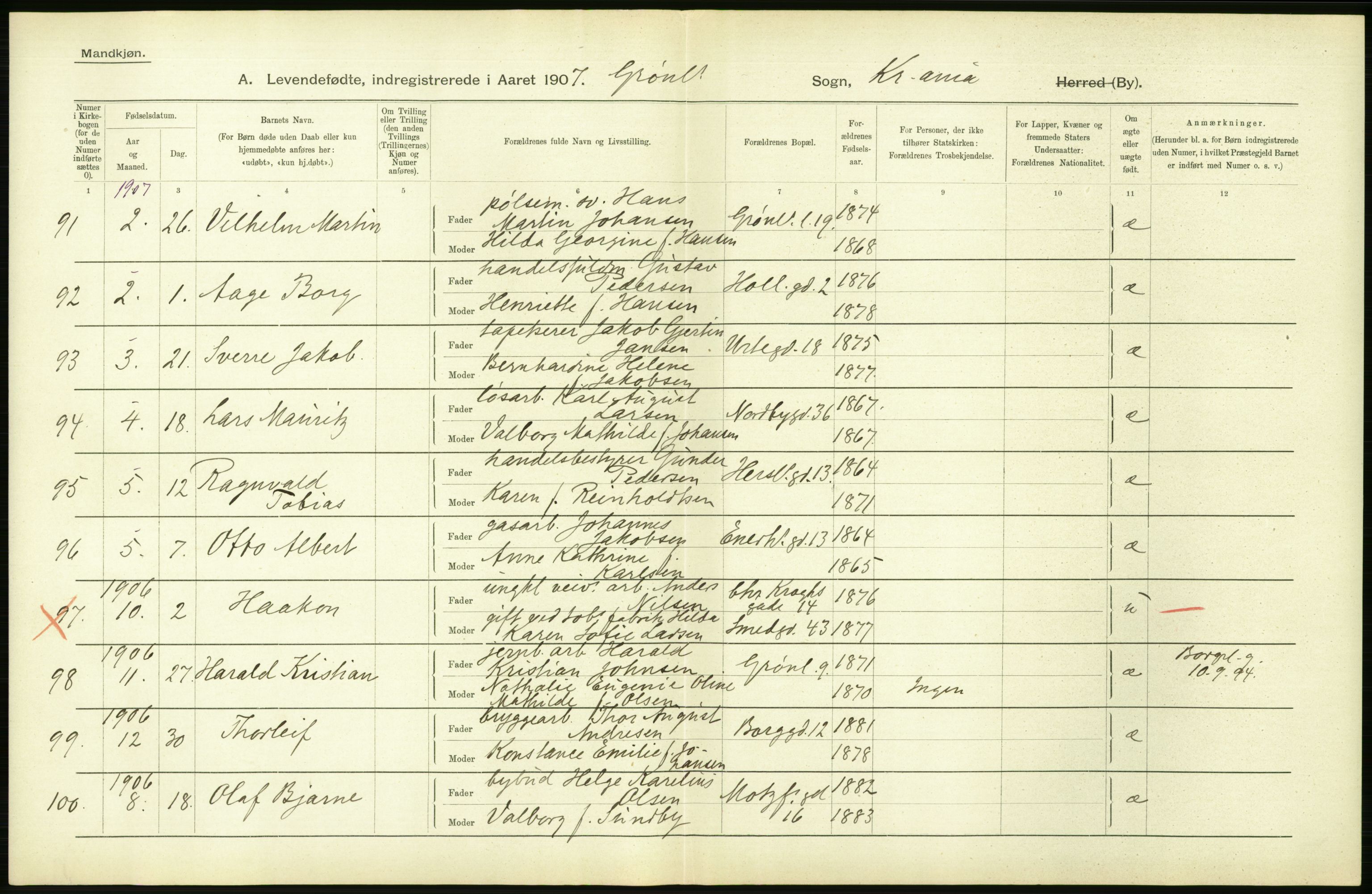 Statistisk sentralbyrå, Sosiodemografiske emner, Befolkning, AV/RA-S-2228/D/Df/Dfa/Dfae/L0007: Kristiania: Levendefødte menn og kvinner., 1907, s. 304