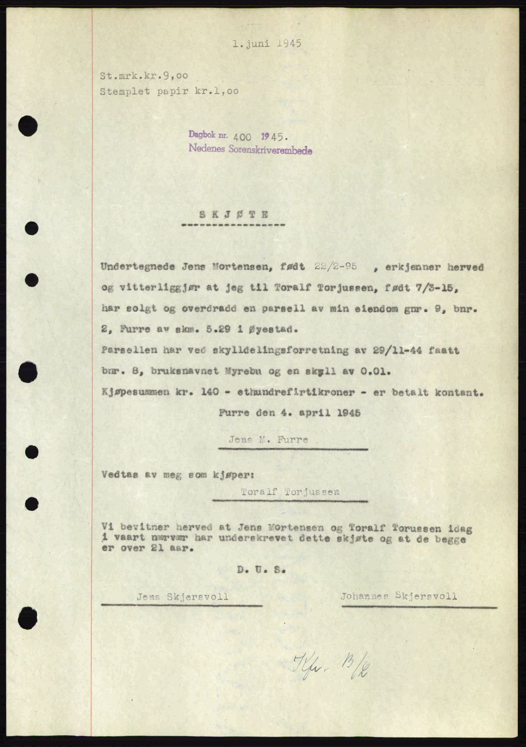 Nedenes sorenskriveri, SAK/1221-0006/G/Gb/Gba/L0052: Pantebok nr. A6a, 1944-1945, Dagboknr: 400/1945