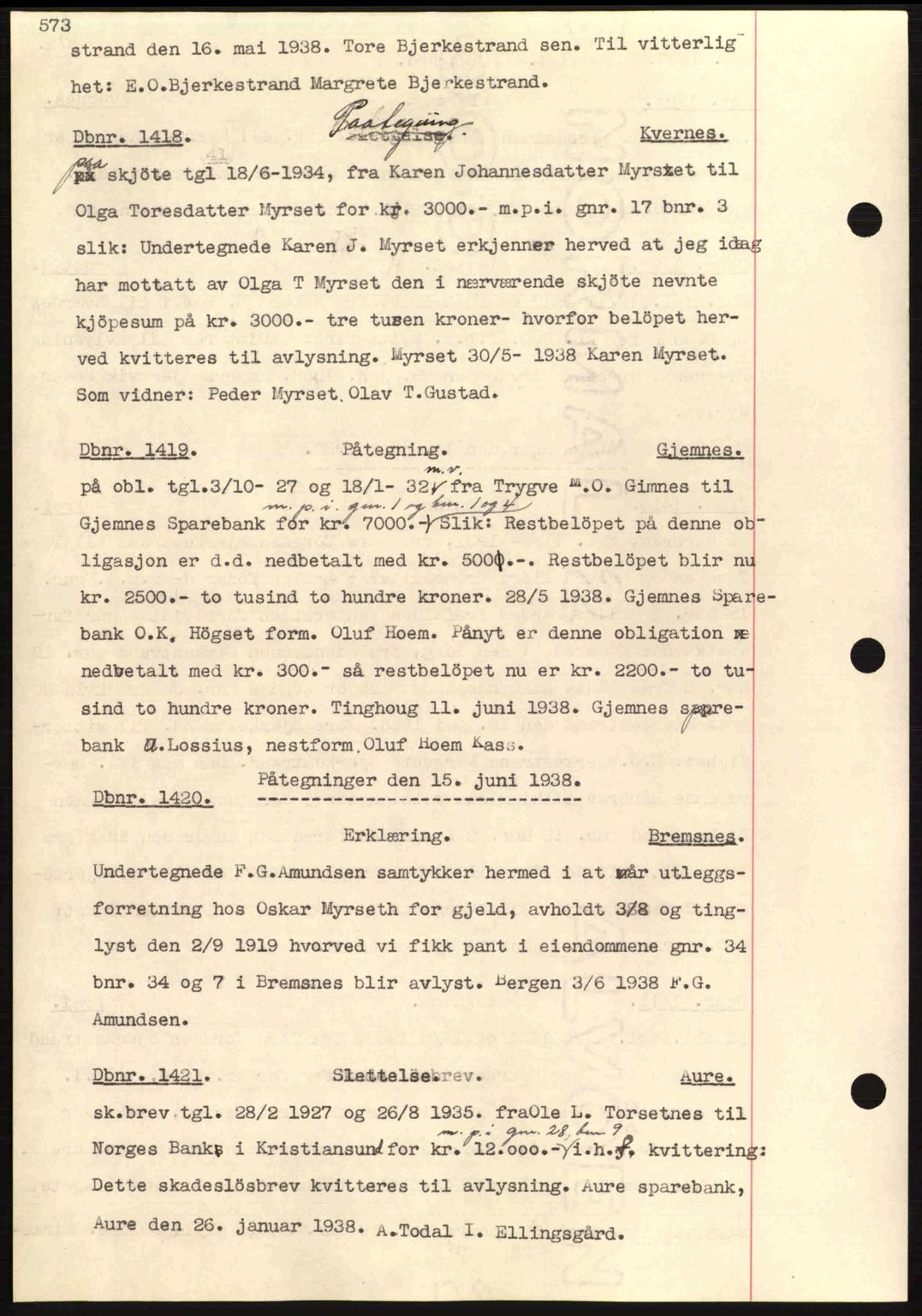 Nordmøre sorenskriveri, SAT/A-4132/1/2/2Ca: Pantebok nr. C80, 1936-1939, Dagboknr: 1418/1938