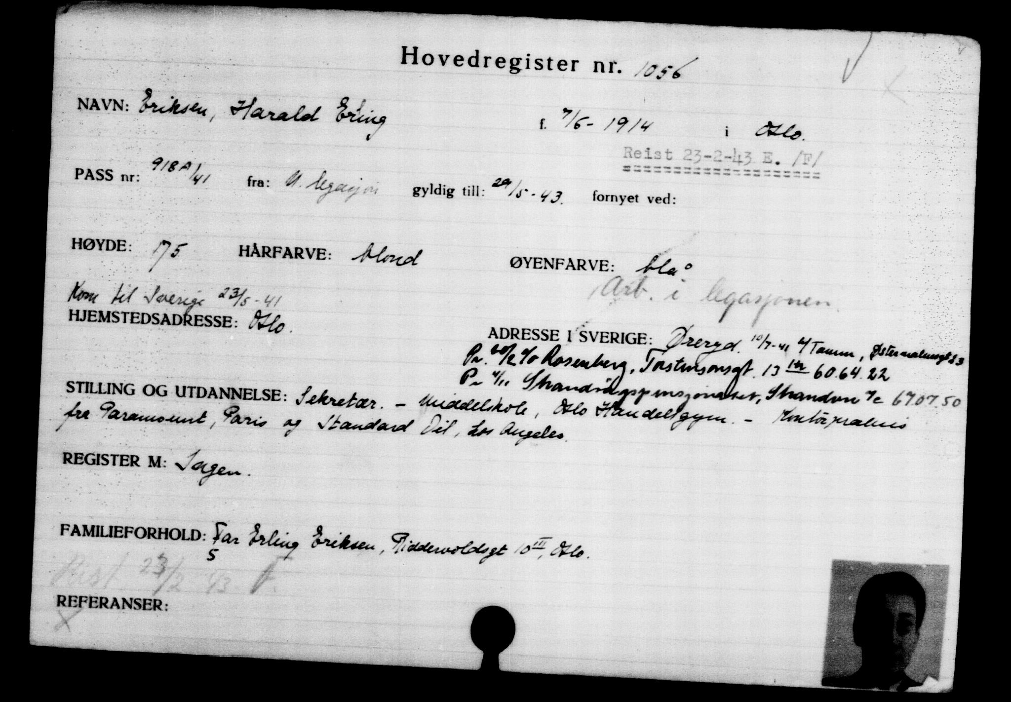 Utenriksstasjonene, Legasjonen i Stockholm, Flyktningkontoret, AV/RA-S-6753/V/Va/L0002: Kjesäterkartoteket, flyktninger med registreringsnr. 1001-2000, 1940-1945, s. 93