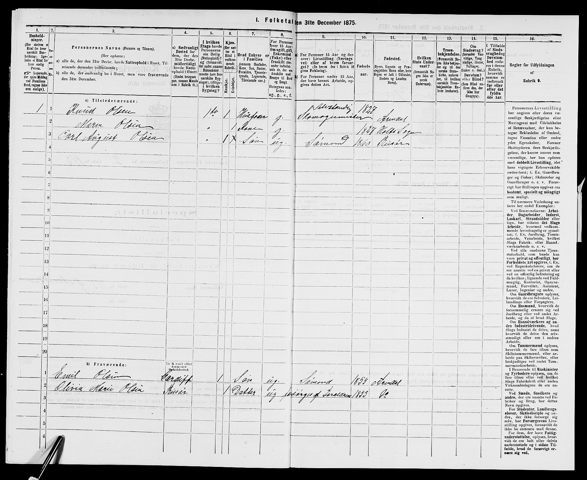 SAK, Folketelling 1875 for 0902B Holt prestegjeld, Tvedestrand ladested, 1875, s. 308