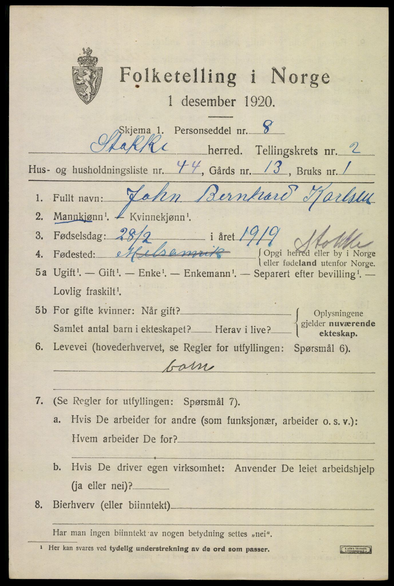 SAKO, Folketelling 1920 for 0720 Stokke herred, 1920, s. 3456