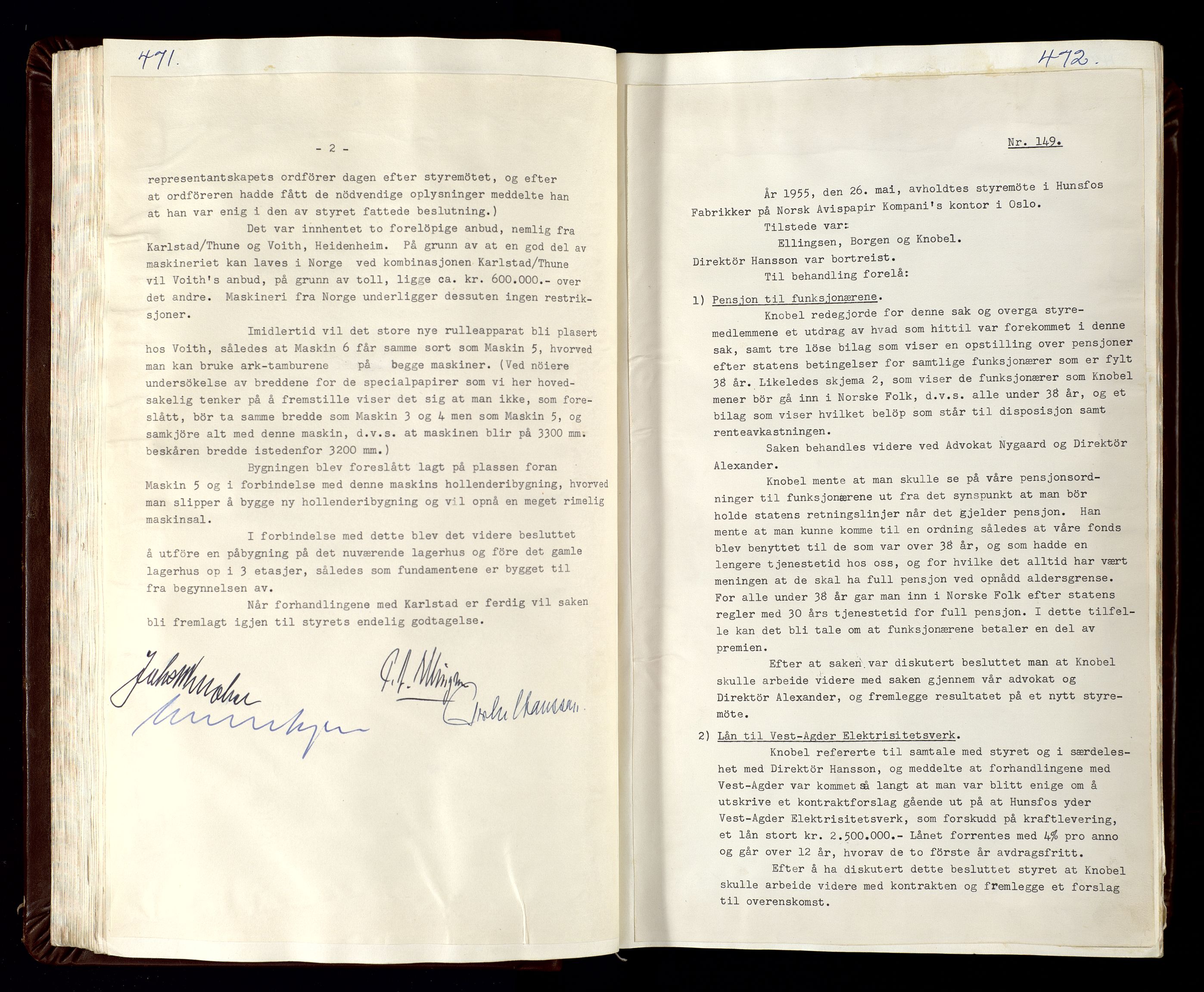 Hunsfos fabrikker, SAK/D/1440/02/L0007: Referatprotokoll fra styremøter (møte nr 114-221), 1951-1964, s. 471-472
