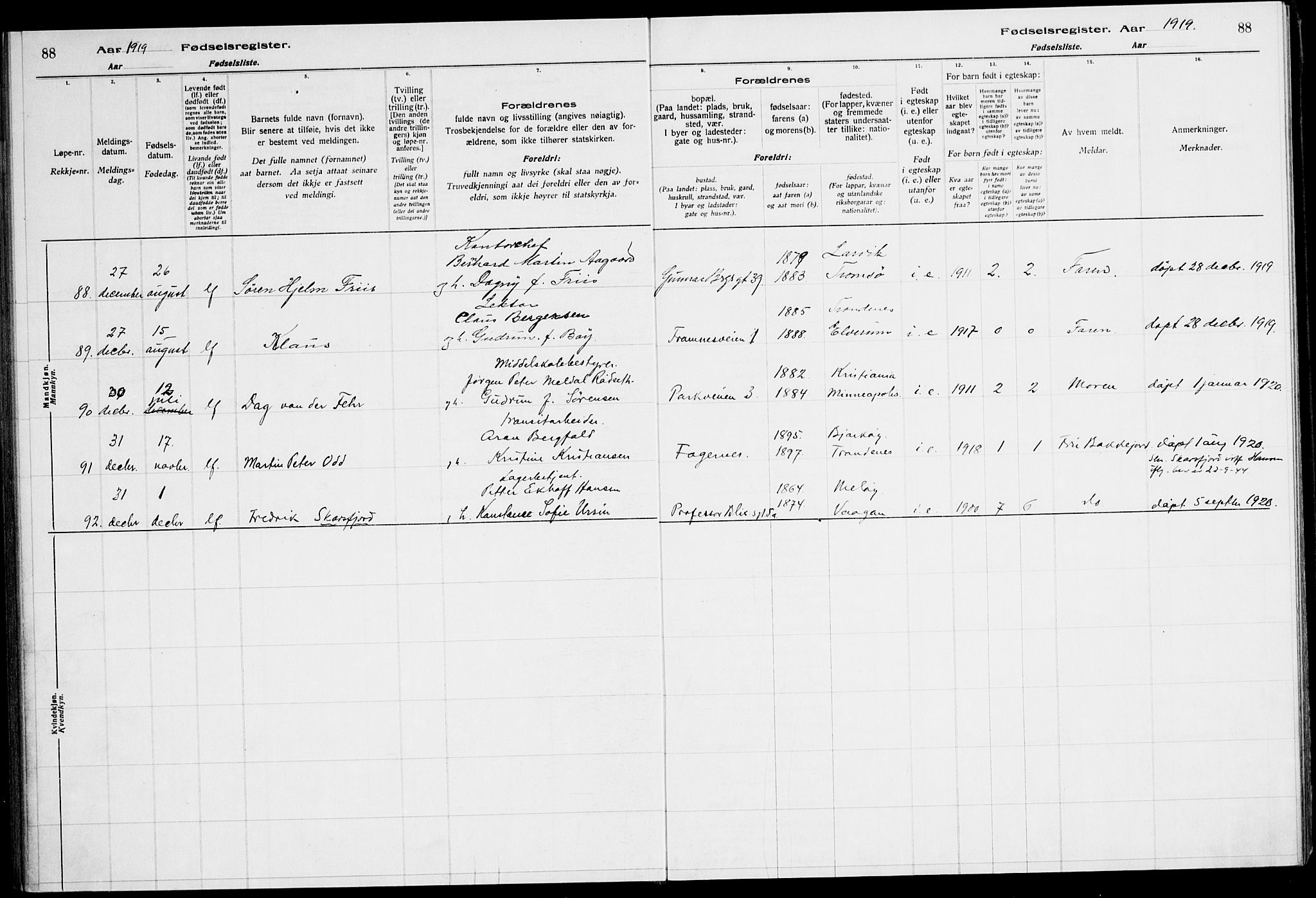 Ministerialprotokoller, klokkerbøker og fødselsregistre - Nordland, AV/SAT-A-1459/871/L1013: Fødselsregister nr. 871.II.4.1, 1916-1924, s. 88