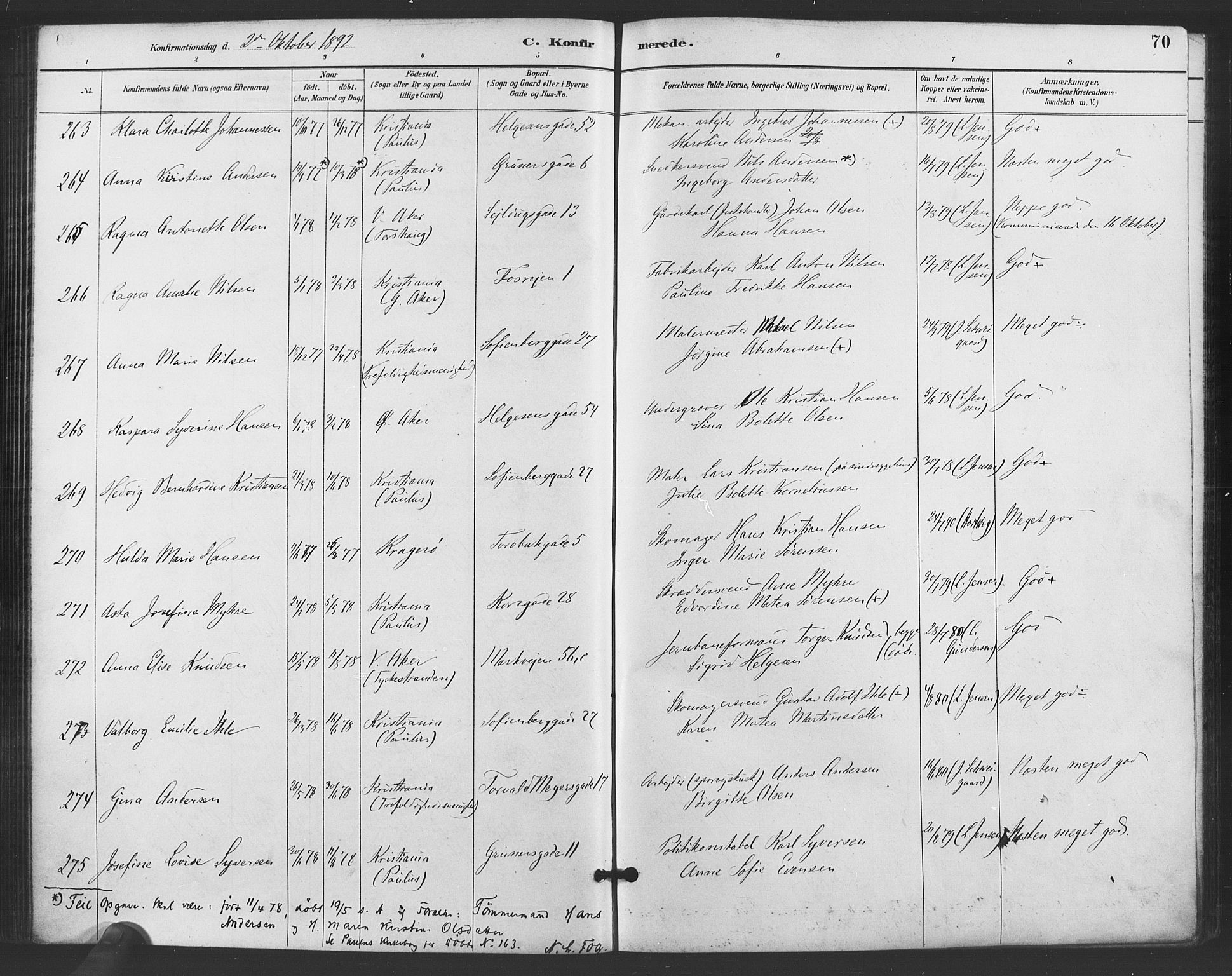 Paulus prestekontor Kirkebøker, AV/SAO-A-10871/F/Fa/L0006: Ministerialbok nr. 6, 1889-1896, s. 70