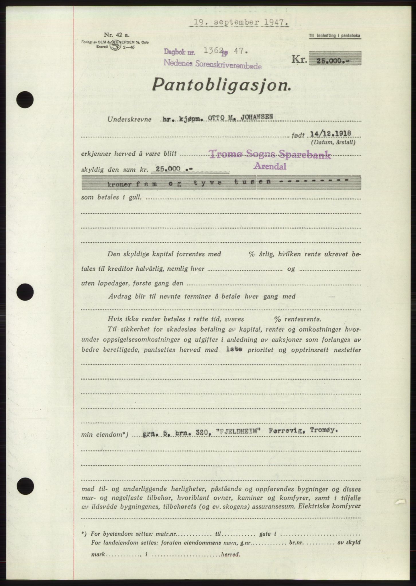 Nedenes sorenskriveri, SAK/1221-0006/G/Gb/Gbb/L0004: Pantebok nr. B4, 1947-1947, Dagboknr: 1362/1947