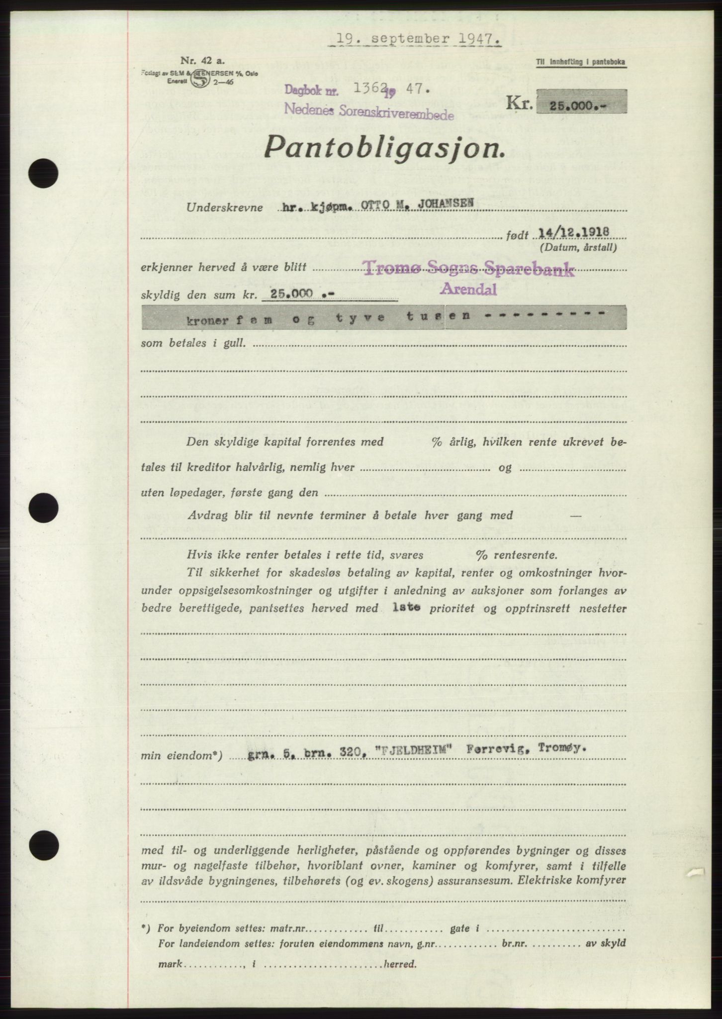 Nedenes sorenskriveri, AV/SAK-1221-0006/G/Gb/Gbb/L0004: Pantebok nr. B4, 1947-1947, Dagboknr: 1362/1947