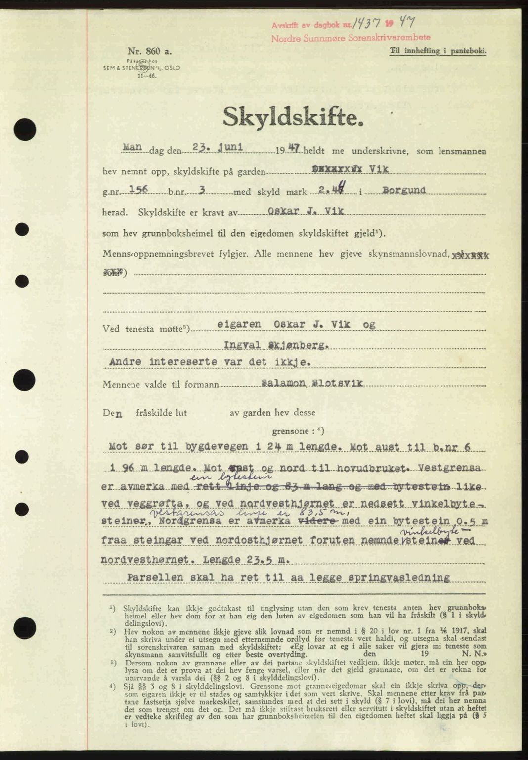 Nordre Sunnmøre sorenskriveri, AV/SAT-A-0006/1/2/2C/2Ca: Pantebok nr. A25, 1947-1947, Dagboknr: 1437/1947