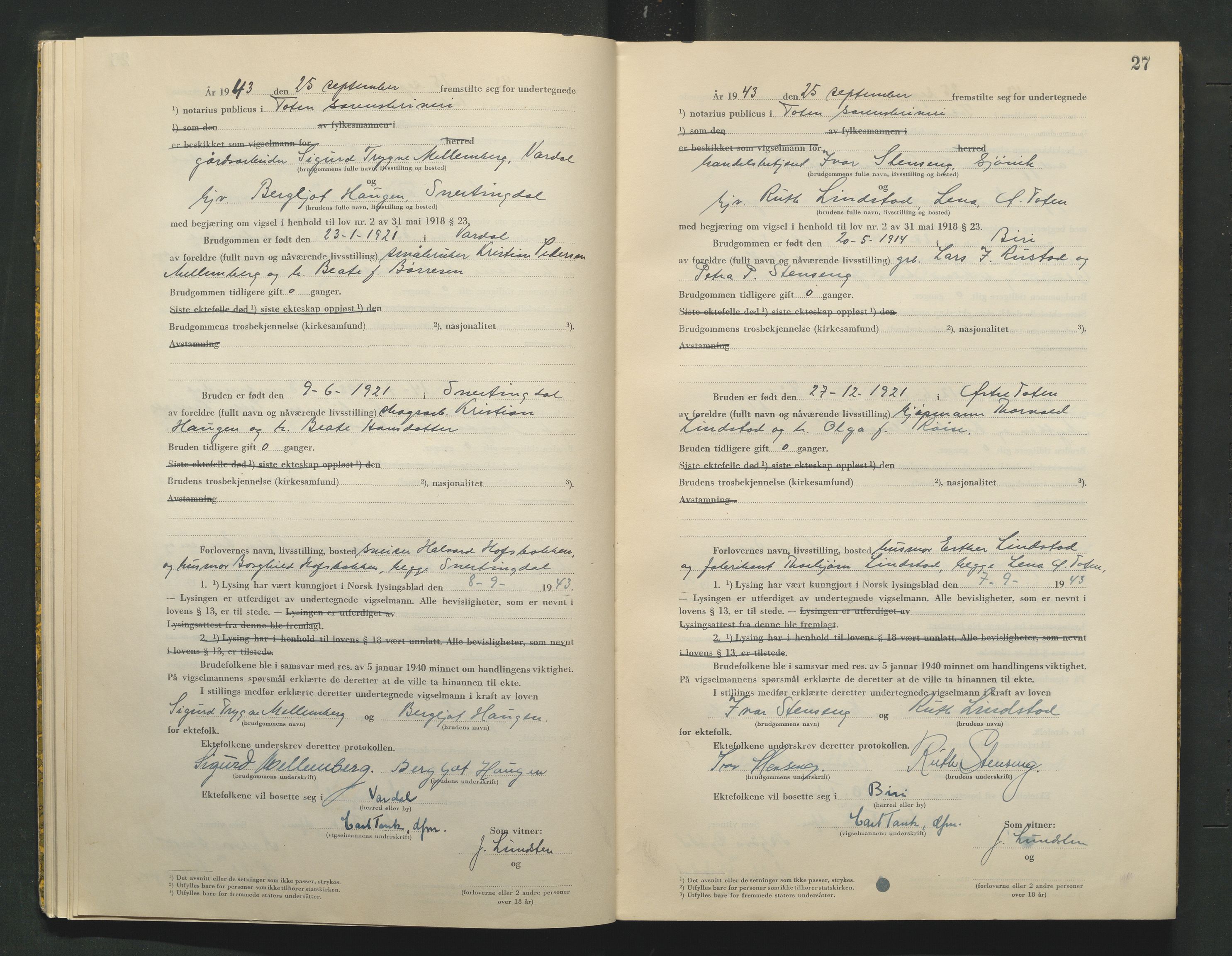 Toten tingrett, AV/SAH-TING-006/L/Lc/L0003: Vigselbok, 1943-1944, s. 27