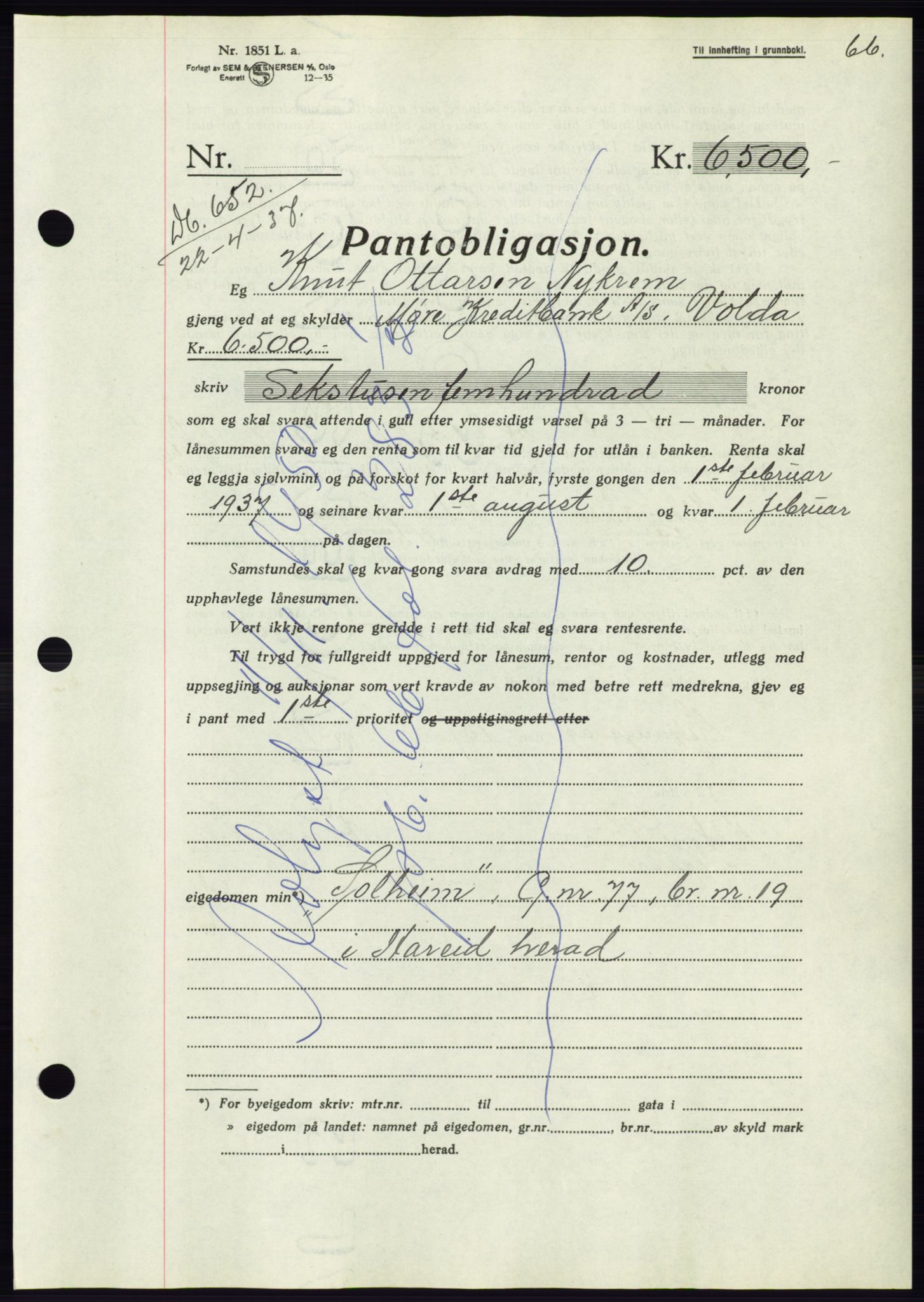 Søre Sunnmøre sorenskriveri, AV/SAT-A-4122/1/2/2C/L0063: Pantebok nr. 57, 1937-1937, Dagboknr: 652/1937