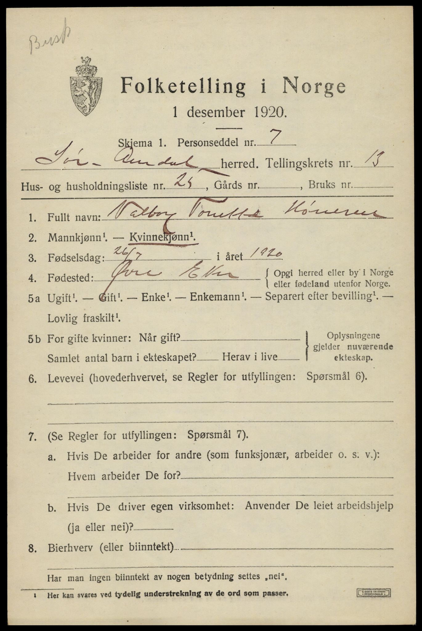 SAH, Folketelling 1920 for 0540 Sør-Aurdal herred, 1920, s. 8033