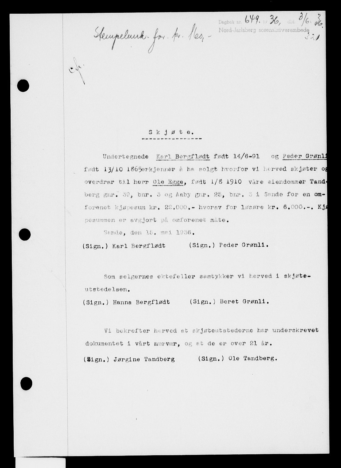 Holmestrand sorenskriveri, SAKO/A-67/G/Ga/Gaa/L0047: Pantebok nr. A-47, 1936-1936, Dagboknr: 649/1936