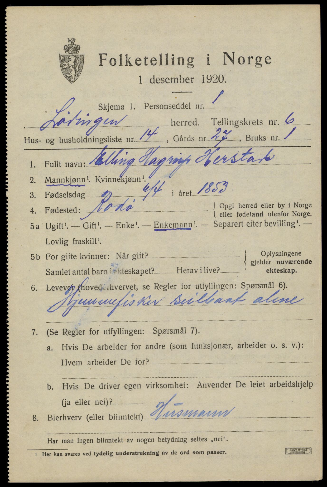SAT, Folketelling 1920 for 1851 Lødingen herred, 1920, s. 3651