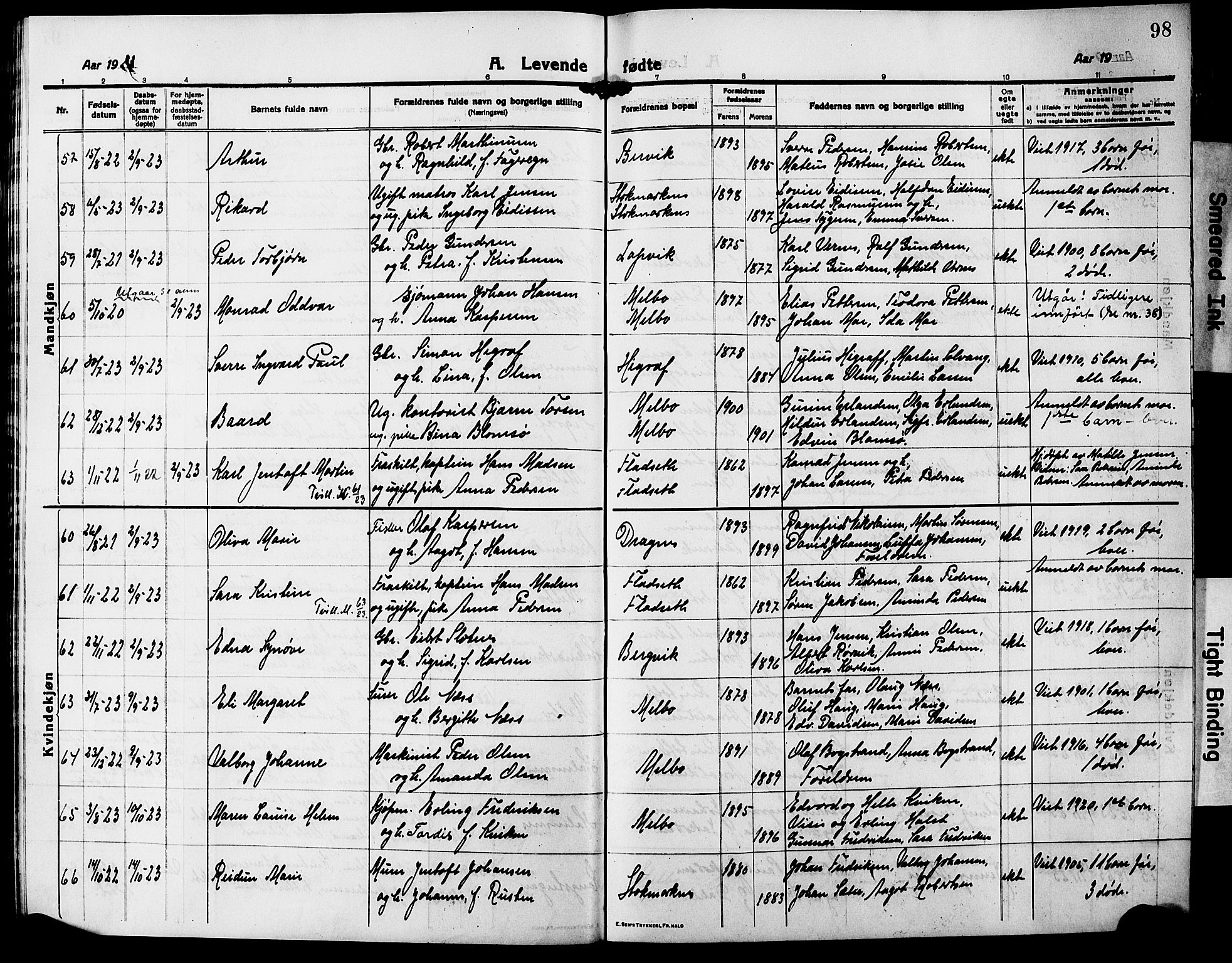 Ministerialprotokoller, klokkerbøker og fødselsregistre - Nordland, AV/SAT-A-1459/888/L1269: Klokkerbok nr. 888C07, 1913-1927, s. 98