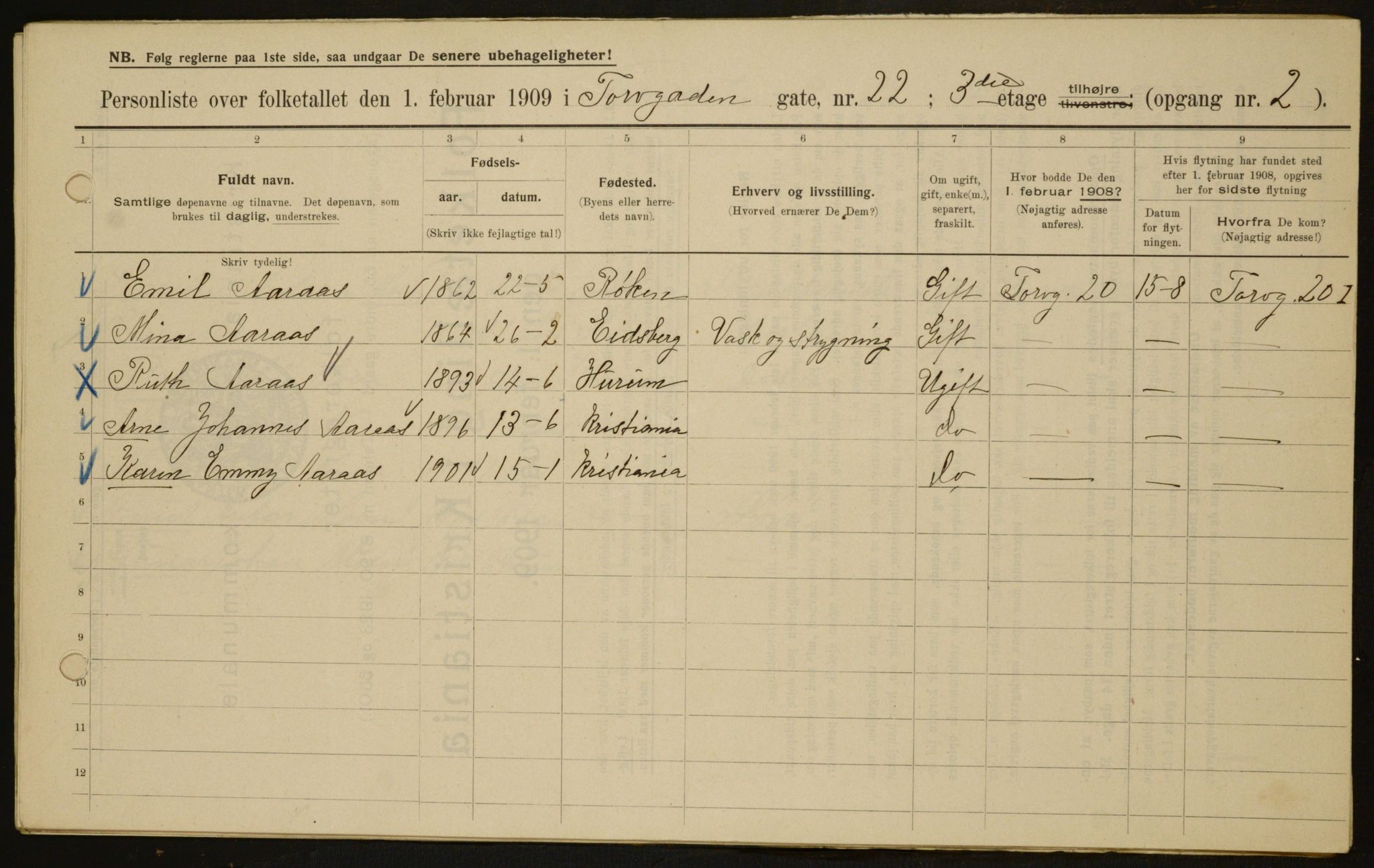 OBA, Kommunal folketelling 1.2.1909 for Kristiania kjøpstad, 1909, s. 103490