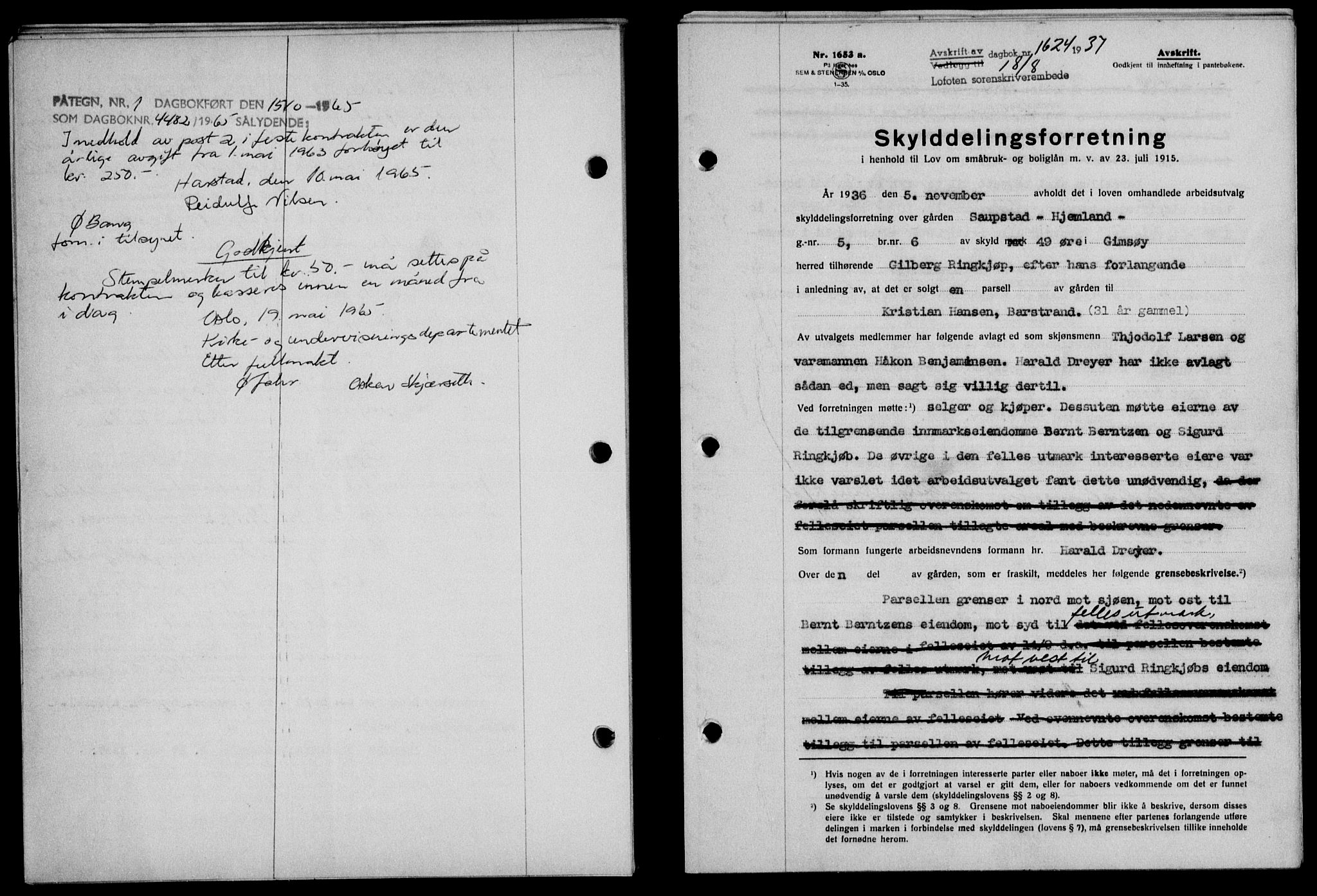 Lofoten sorenskriveri, SAT/A-0017/1/2/2C/L0002a: Pantebok nr. 2a, 1937-1937, Dagboknr: 1624/1937