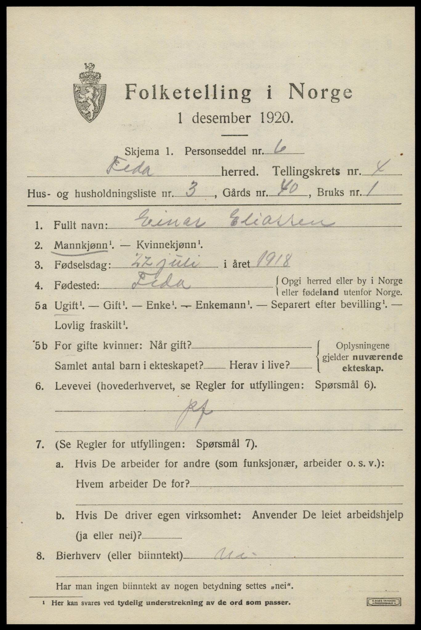 SAK, Folketelling 1920 for 1038 Feda herred, 1920, s. 1857