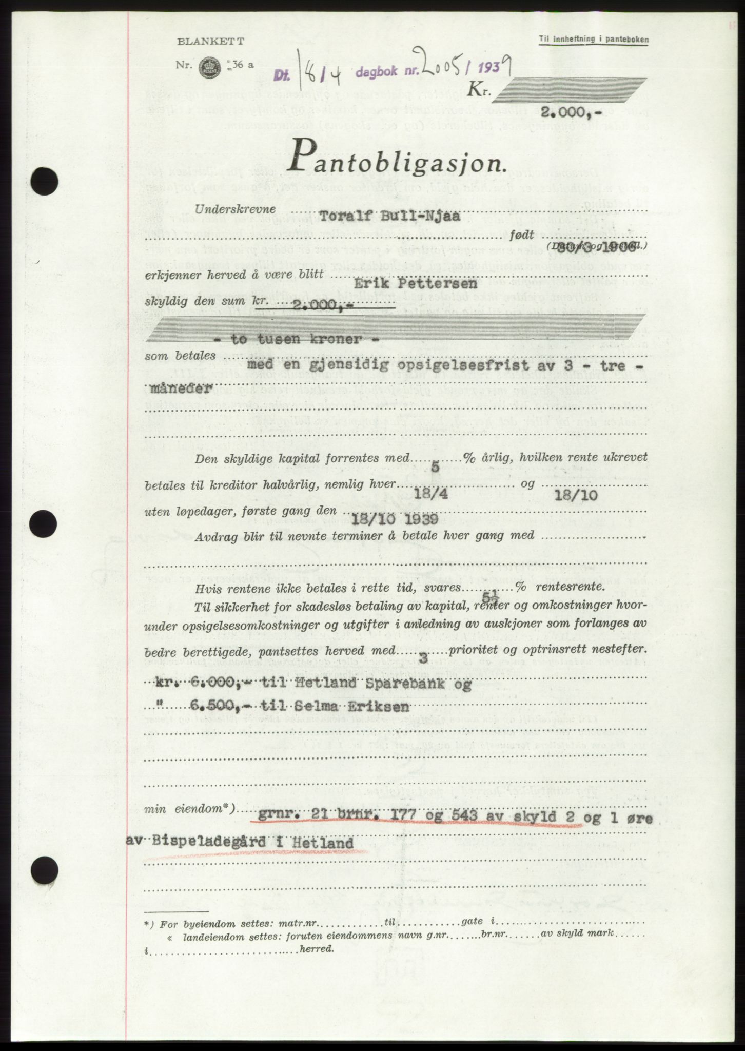 Jæren sorenskriveri, SAST/A-100310/03/G/Gba/L0074: Pantebok, 1939-1939, Dagboknr: 2005/1939