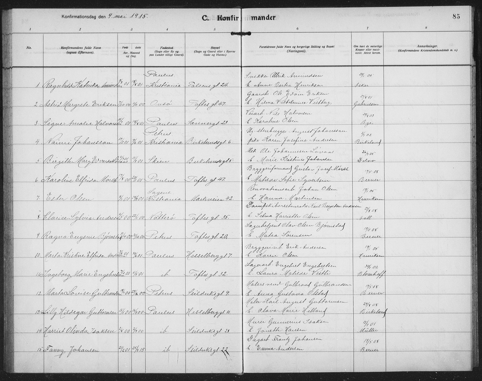 Paulus prestekontor Kirkebøker, AV/SAO-A-10871/F/Fa/L0022: Ministerialbok nr. 22, 1912-1920, s. 85