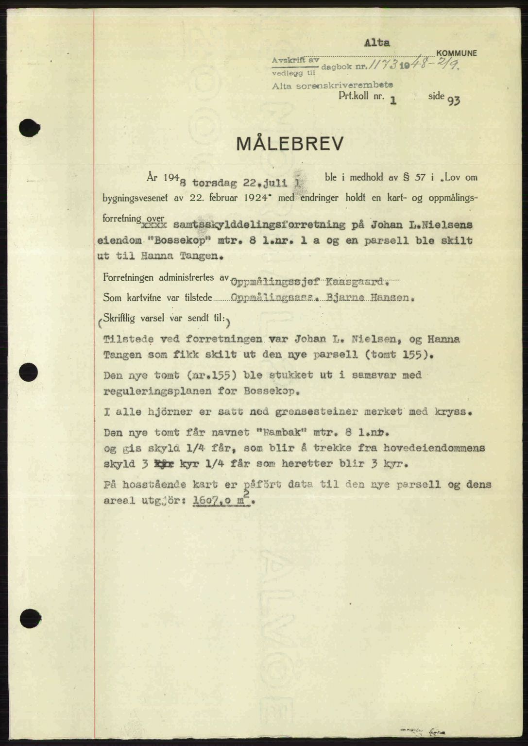 Alta fogderi/sorenskriveri, AV/SATØ-SATØ-5/1/K/Kd/L0037pantebok: Pantebok nr. 39-40, 1948-1949, Dagboknr: 1173/1948