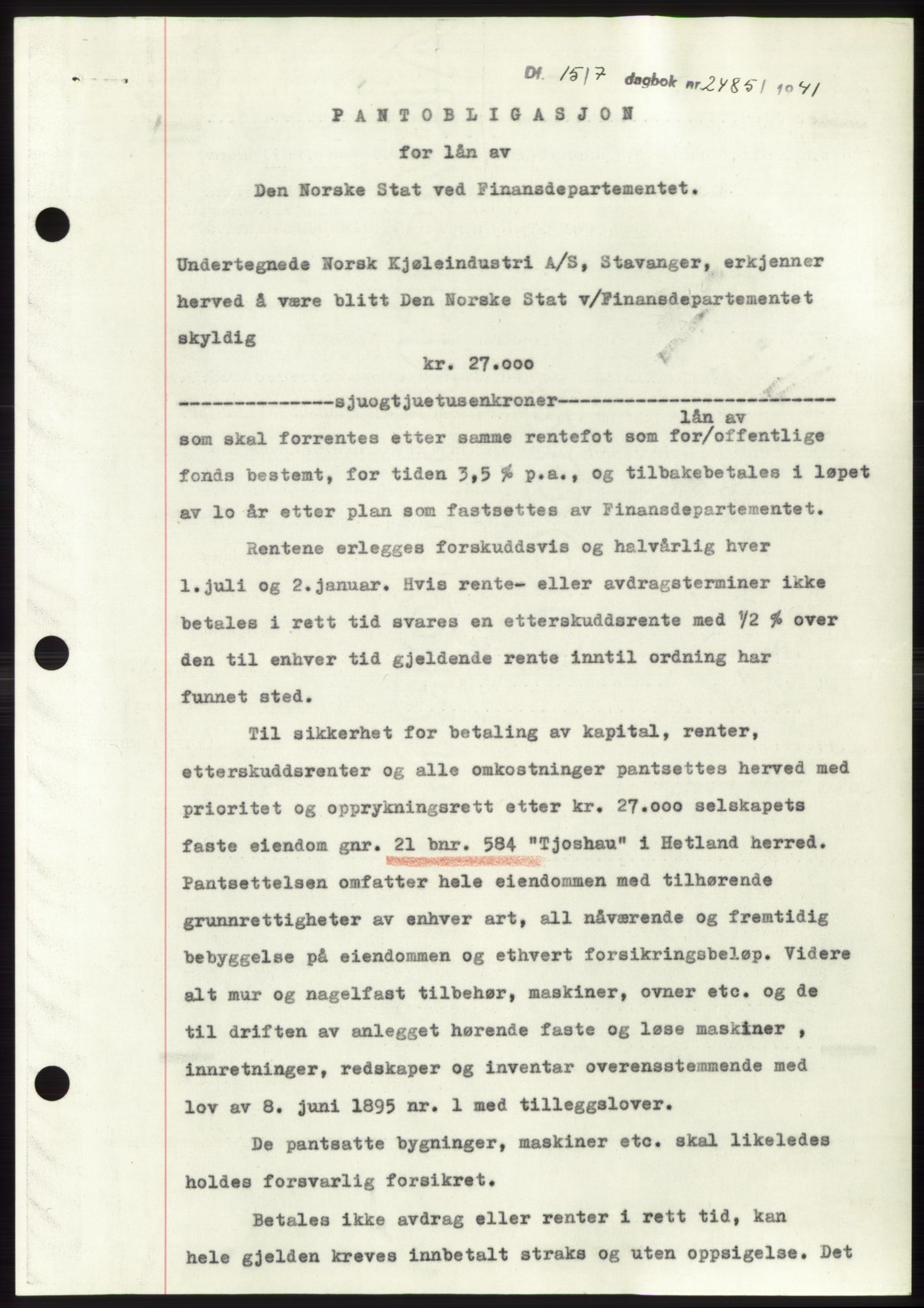 Jæren sorenskriveri, SAST/A-100310/03/G/Gba/L0080: Pantebok, 1941-1941, Dagboknr: 2485/1941