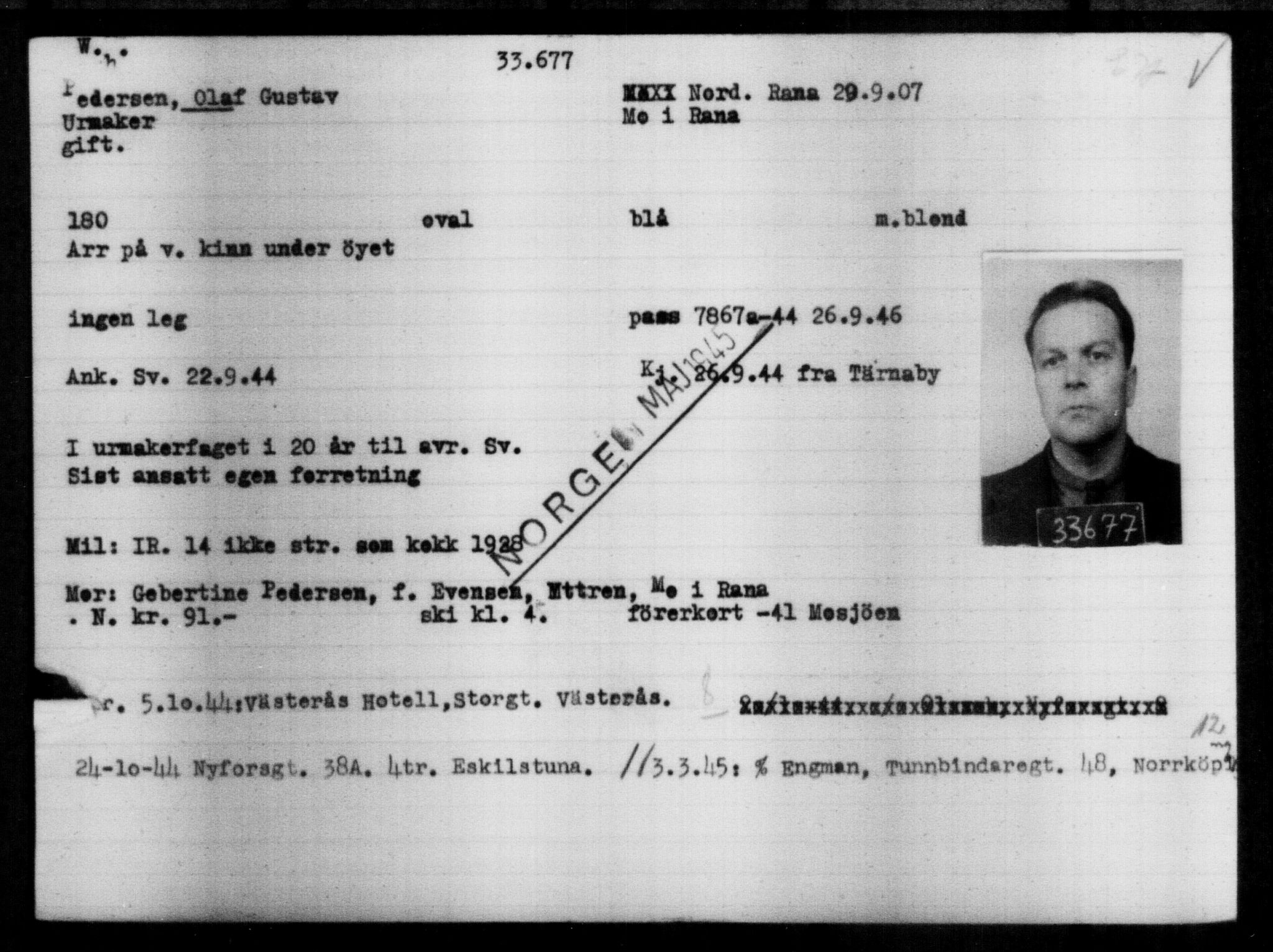 Utenriksstasjonene, Legasjonen i Stockholm, Flyktningkontoret, AV/RA-S-6753/V/Va/L0013: Kjesäterkartoteket, flyktninger med registreringsnr. 31500-34731, 1940-1945, s. 2296