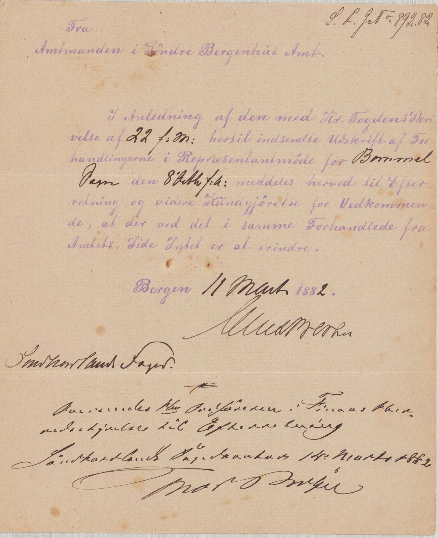 Finnaas kommune. Formannskapet, IKAH/1218a-021/D/Da/L0001/0003: Korrespondanse / saker / Kronologisk ordna korrespodanse, 1882, s. 7