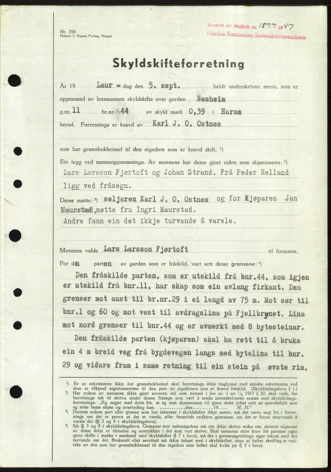 Nordre Sunnmøre sorenskriveri, AV/SAT-A-0006/1/2/2C/2Ca: Pantebok nr. A25, 1947-1947, Dagboknr: 1877/1947