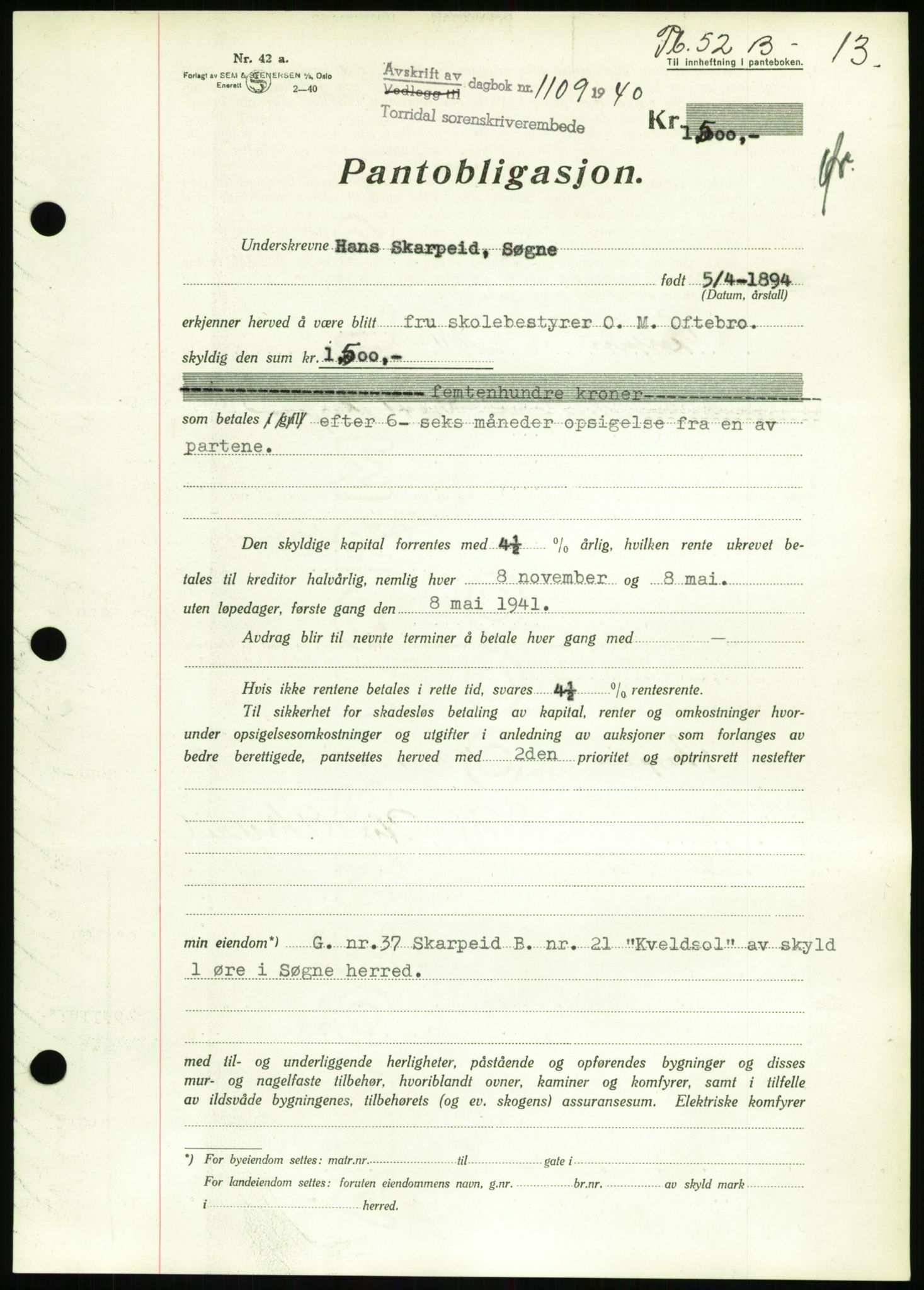 Torridal sorenskriveri, SAK/1221-0012/G/Gb/Gbb/L0008: Pantebok nr. 52b, 1940-1942, Dagboknr: 1109/1940