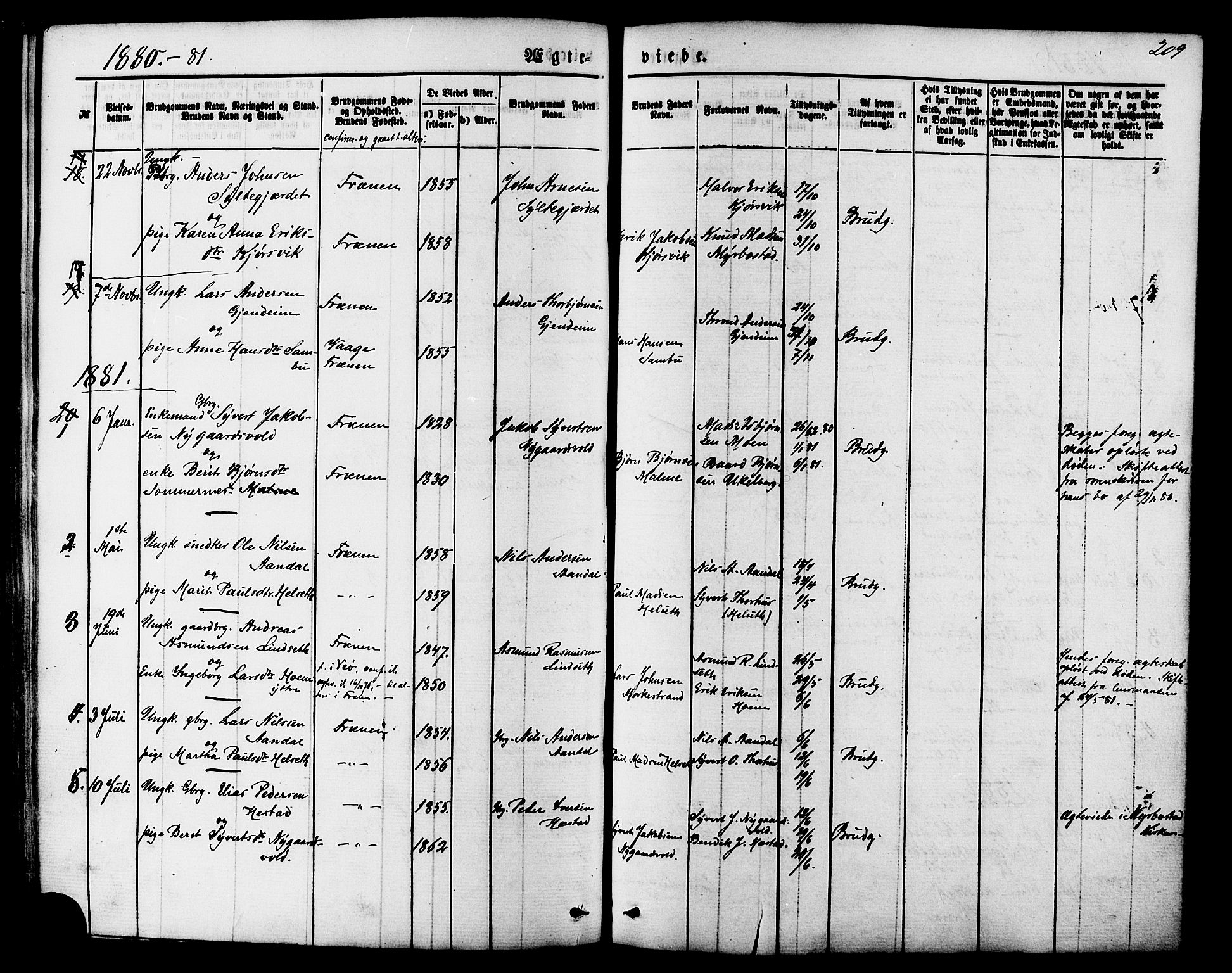 Ministerialprotokoller, klokkerbøker og fødselsregistre - Møre og Romsdal, AV/SAT-A-1454/565/L0749: Ministerialbok nr. 565A03, 1871-1886, s. 209