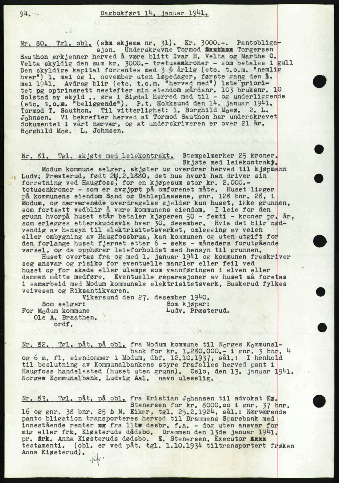 Eiker, Modum og Sigdal sorenskriveri, SAKO/A-123/G/Ga/Gab/L0043: Pantebok nr. A13, 1940-1941, Dagboknr: 80/1941