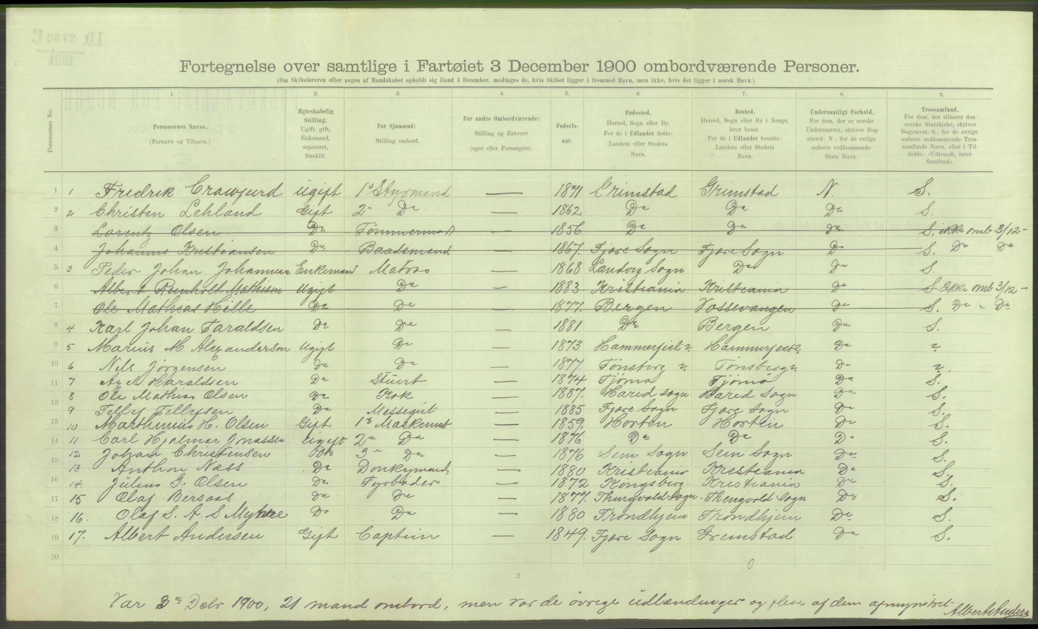 RA, Folketelling 1900 - skipslister med personlister for skip i norske havner, utenlandske havner og til havs, 1900, s. 3666