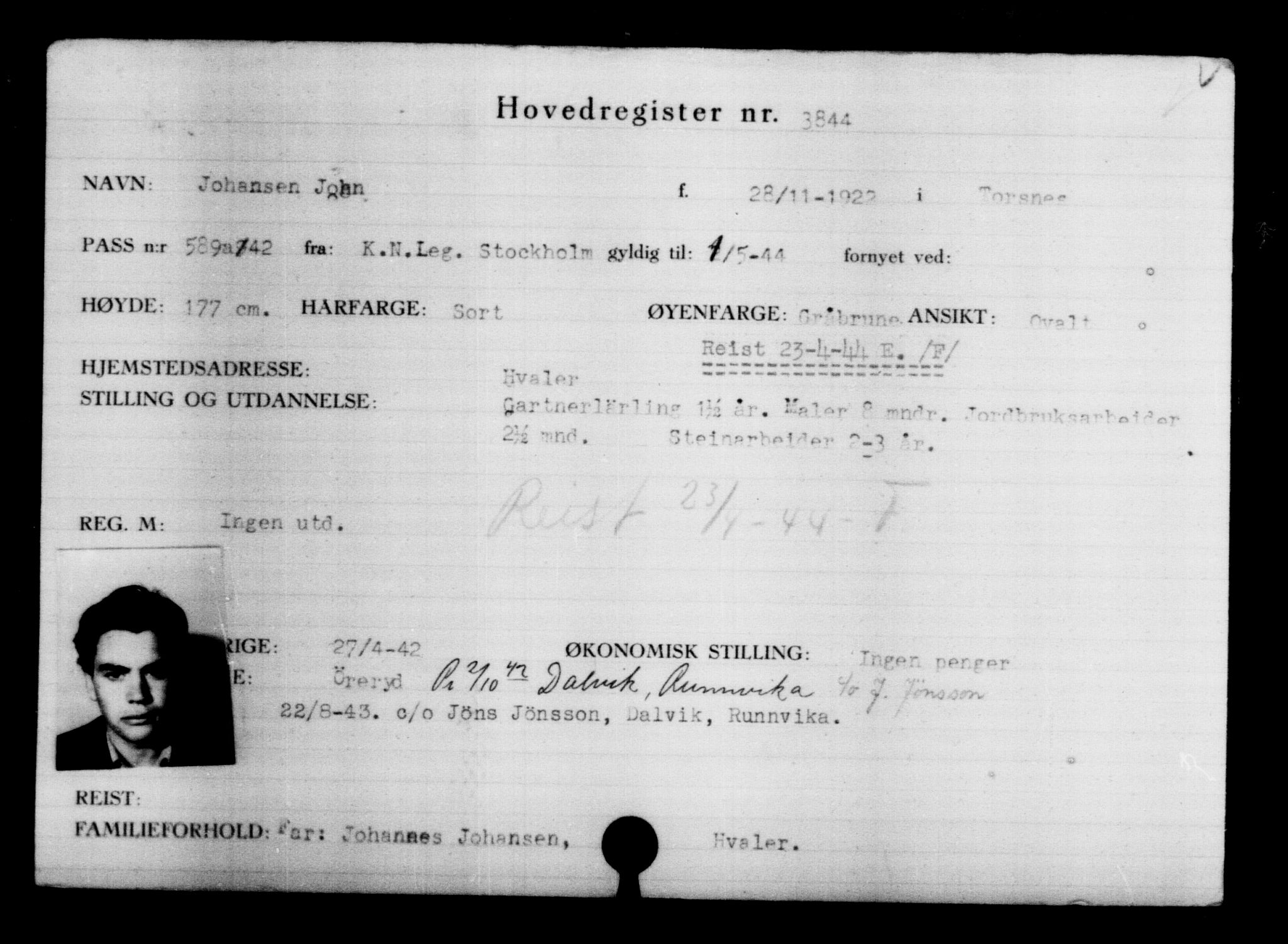 Utenriksstasjonene, Legasjonen i Stockholm, Flyktningkontoret, AV/RA-S-6753/V/Va/L0004: Kjesäterkartoteket, flyktninger med registreringsnr. 3496-6610, 1940-1945, s. 403