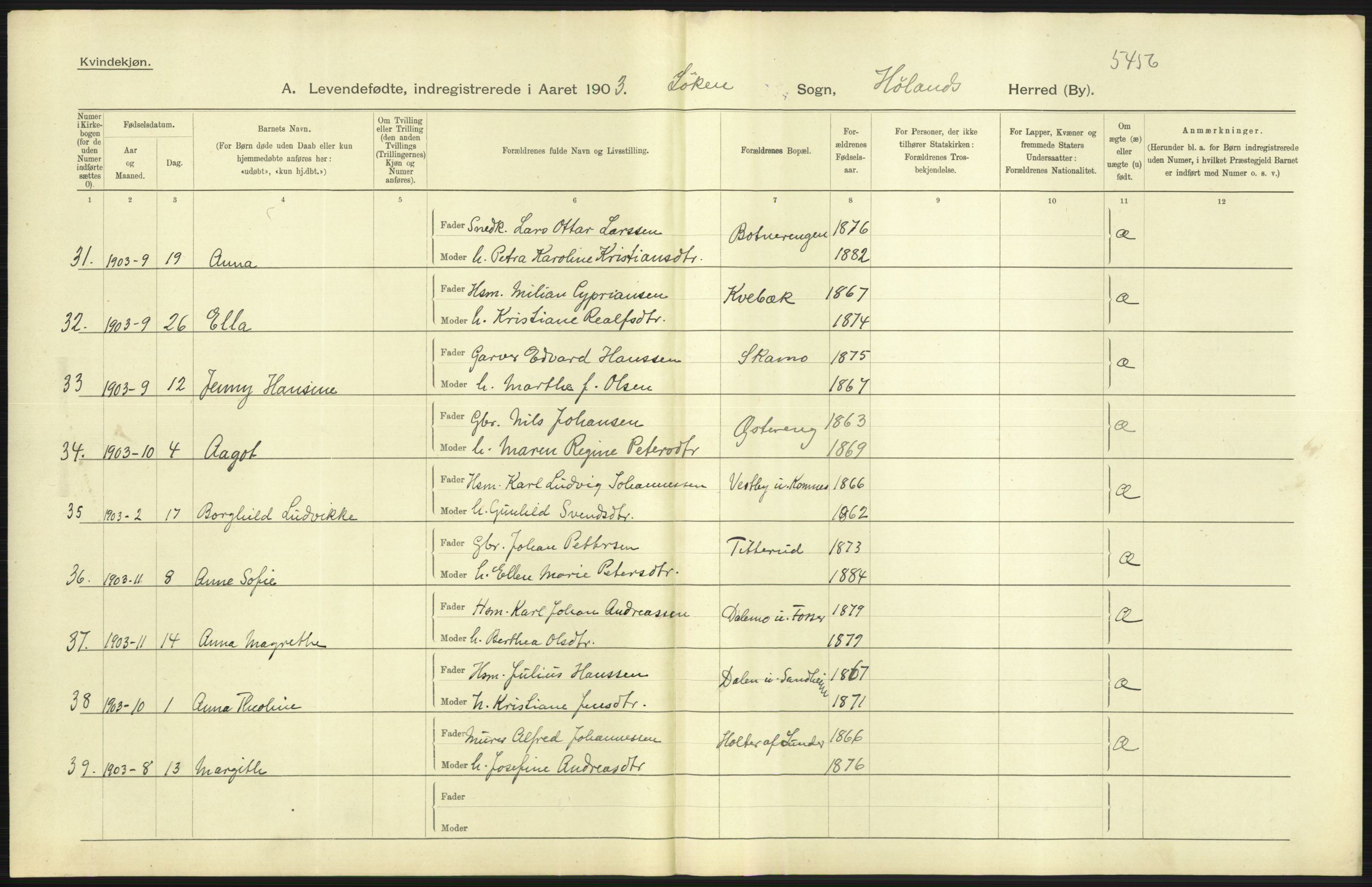 Statistisk sentralbyrå, Sosiodemografiske emner, Befolkning, AV/RA-S-2228/D/Df/Dfa/Dfaa/L0002: Akershus amt: Fødte, gifte, døde, 1903, s. 85