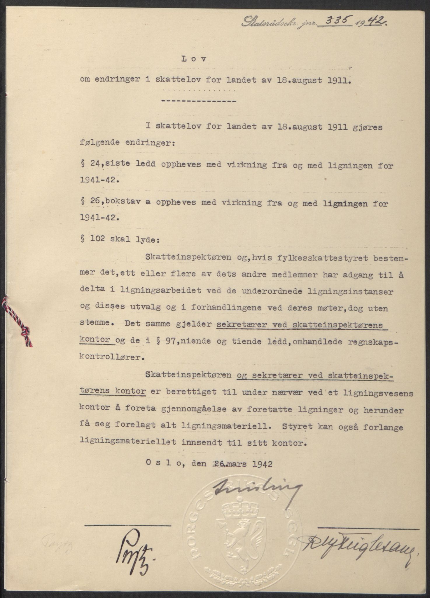 NS-administrasjonen 1940-1945 (Statsrådsekretariatet, de kommisariske statsråder mm), AV/RA-S-4279/D/Db/L0097: Lover I, 1942, s. 241